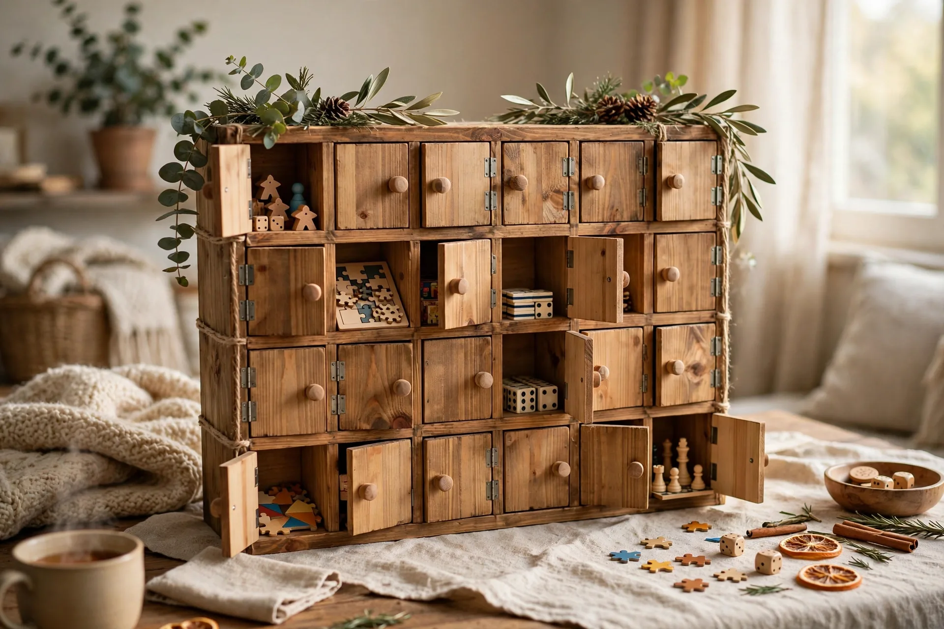A homemade advent calendar with small numbered doors hiding tiny board games and puzzles for the family