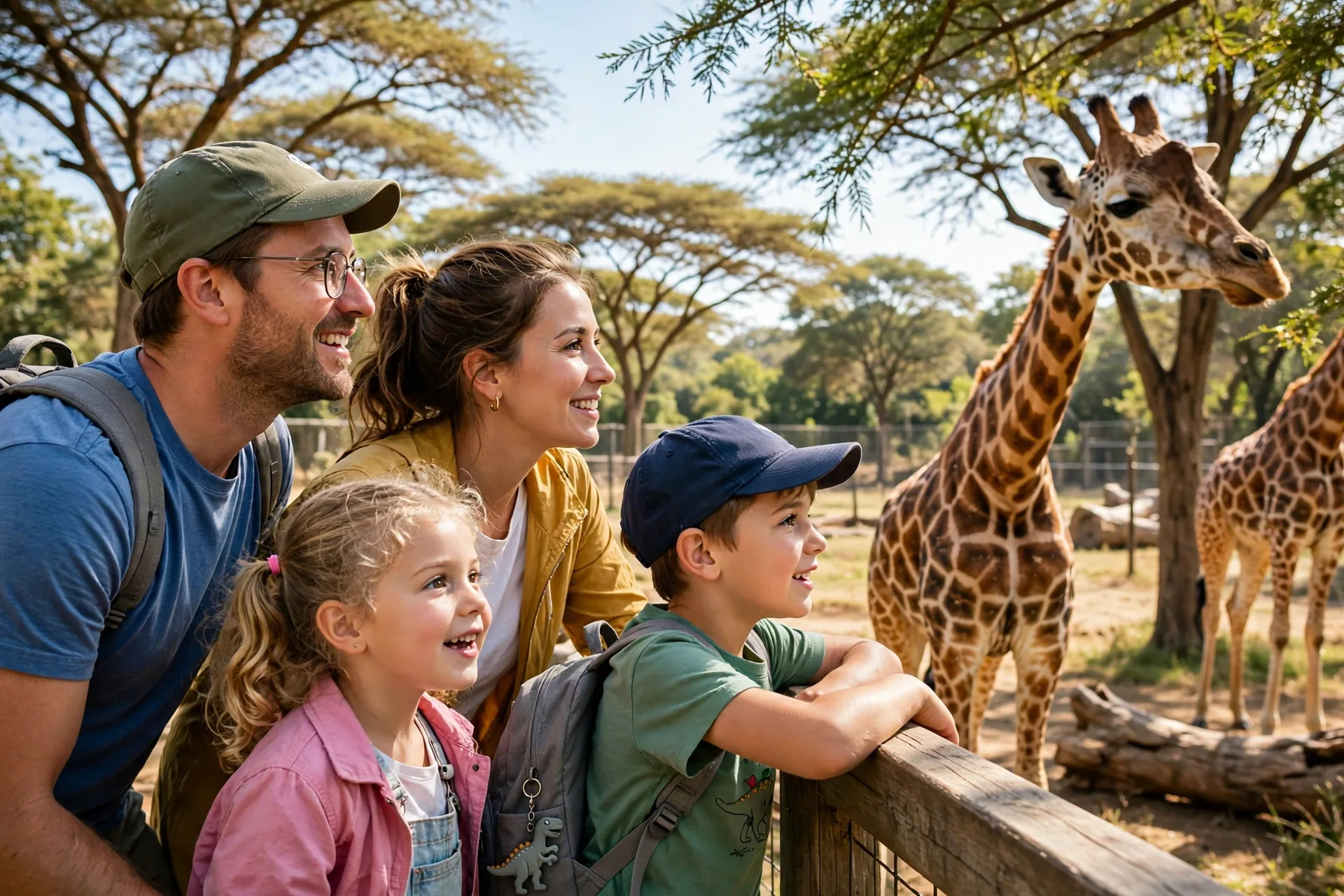 A family with two young kids watching giraffes at the zoo on a sunny day