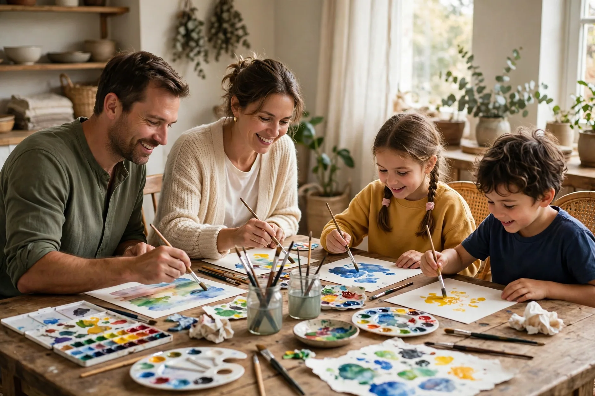 A family painting together at a big table covered in paper, paints, brushes, and jars of water