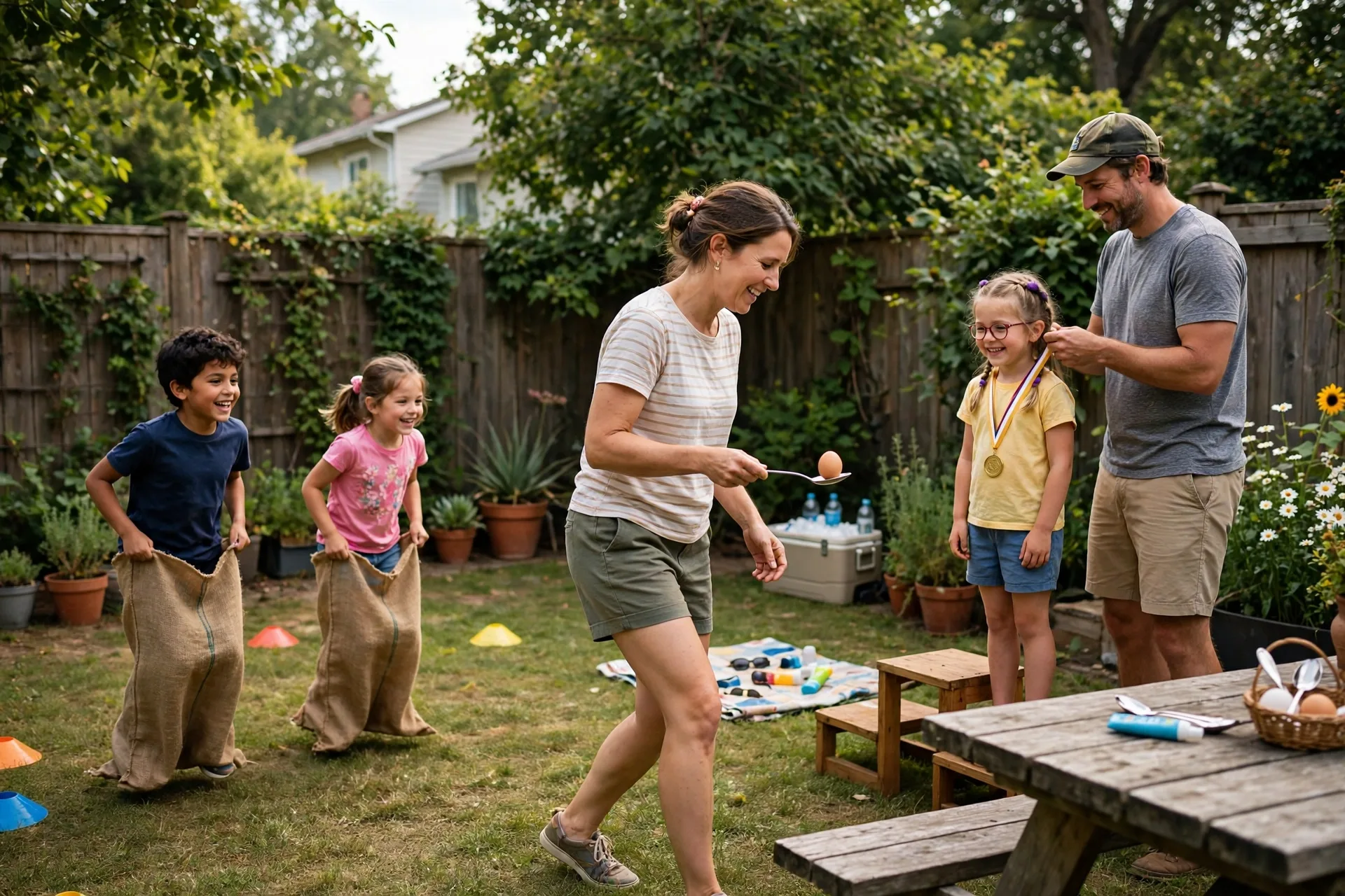 A family competing in backyard Olympics with sack races, egg and spoon races, and a medal ceremony