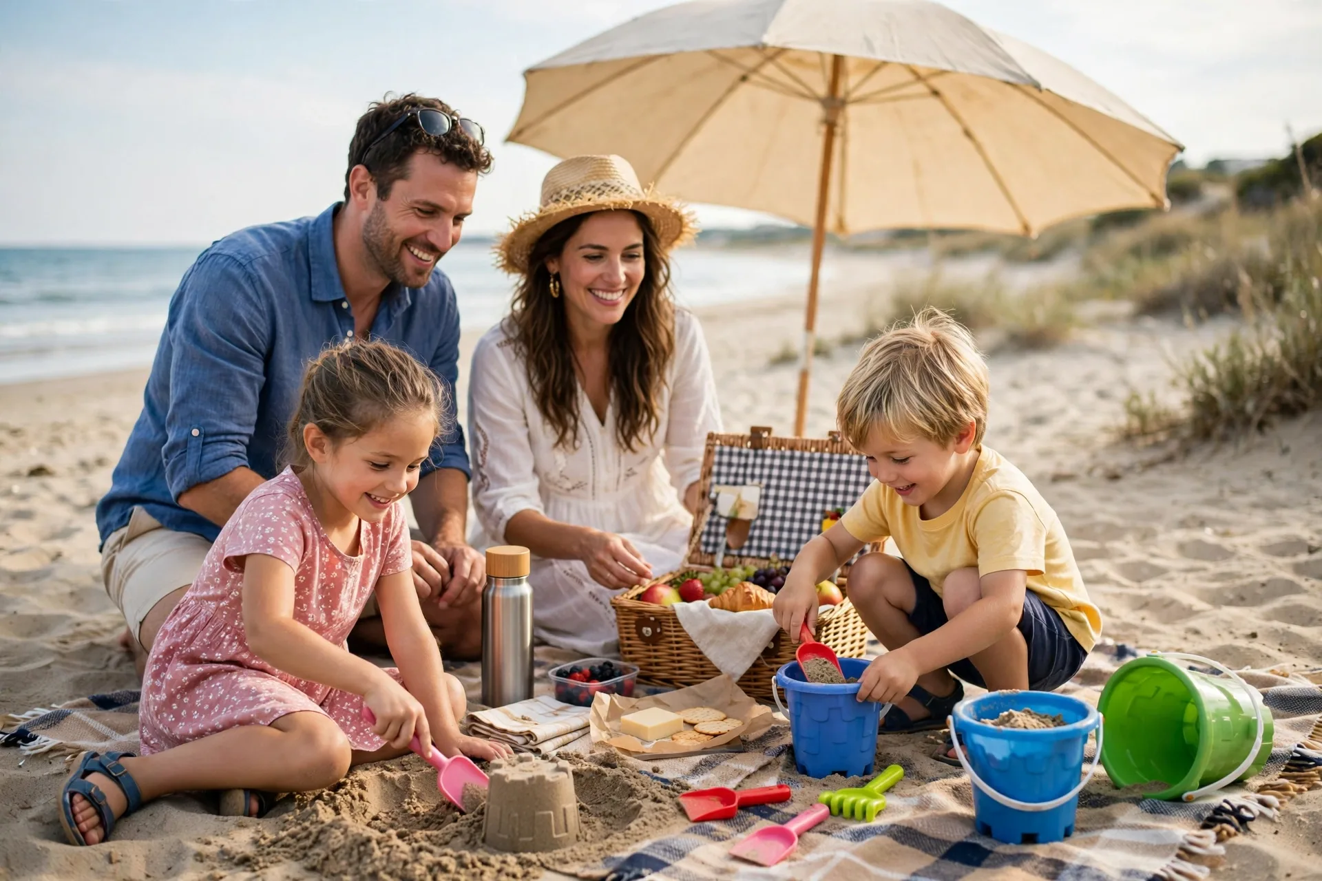 A family at the beach with buckets, spades, a beach umbrella, and a picnic on the sand
