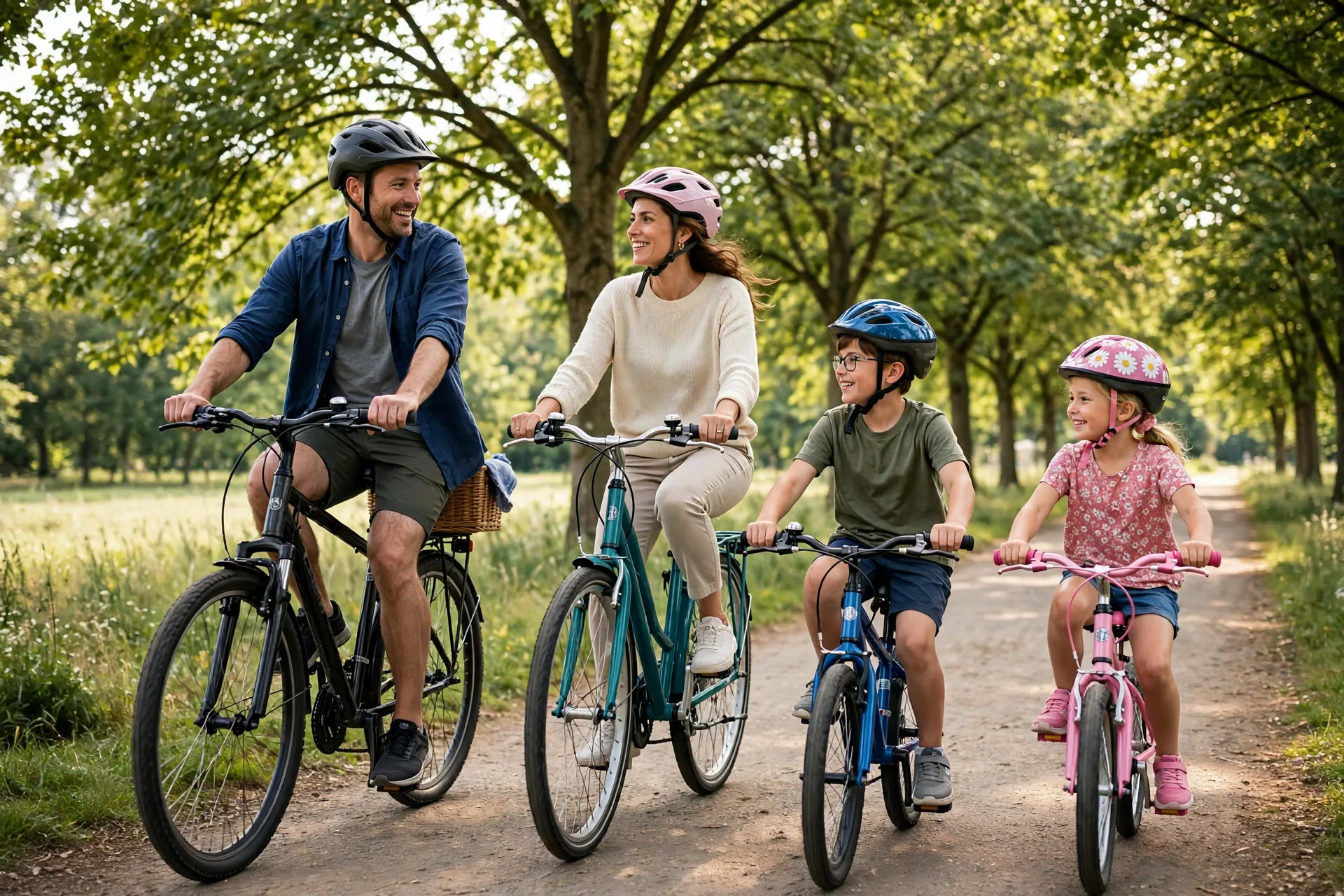 A family riding bikes together on a tree-lined path with a picnic basket on the back