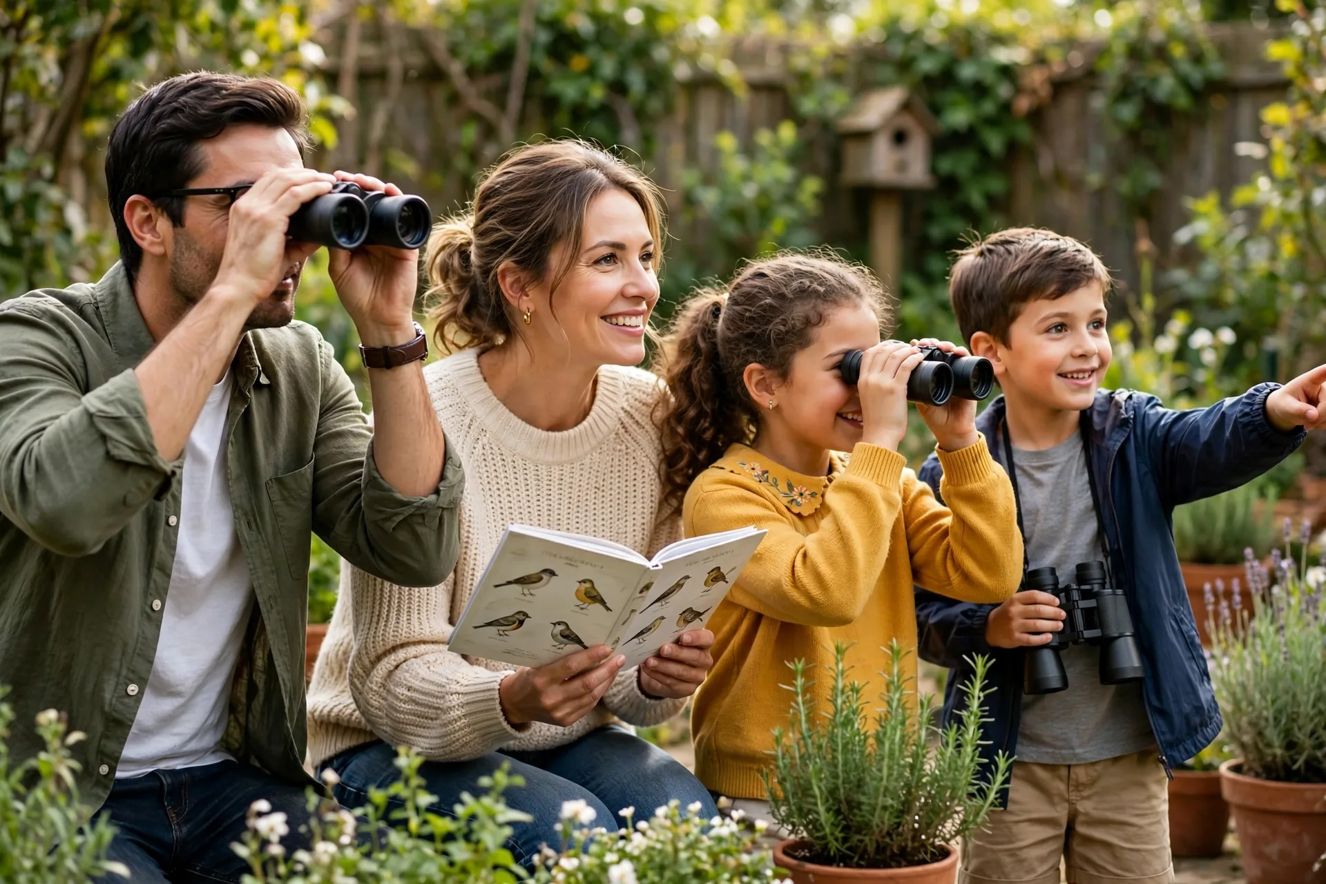 A family birdwatching together in a garden with binoculars and a bird identification book