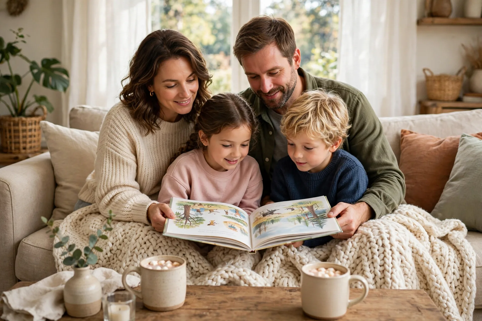 A family reading the same picture book together on the couch with mugs of cocoa and a blanket