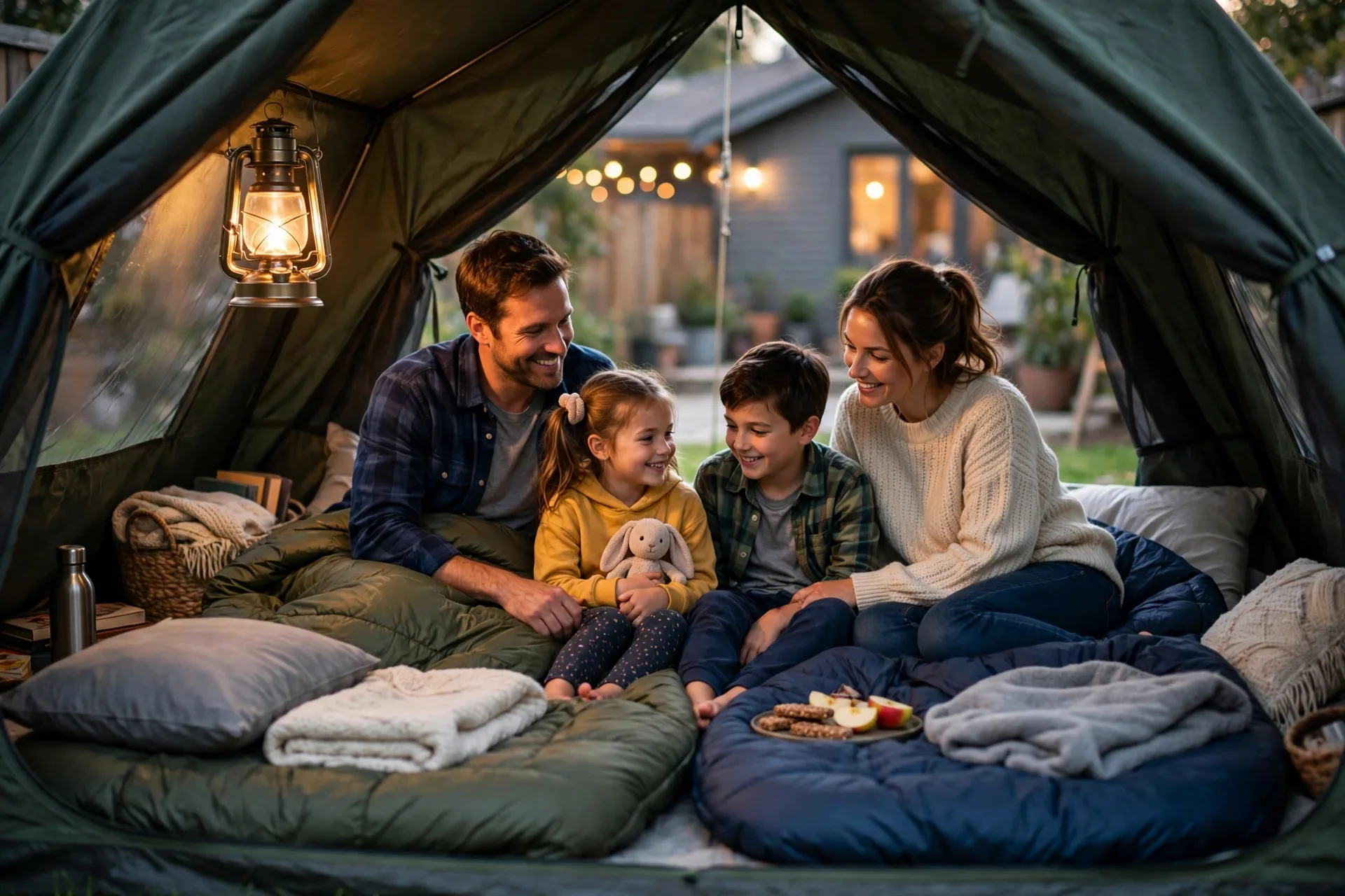 A family camping in a backyard tent with sleeping bags and a lantern at dusk