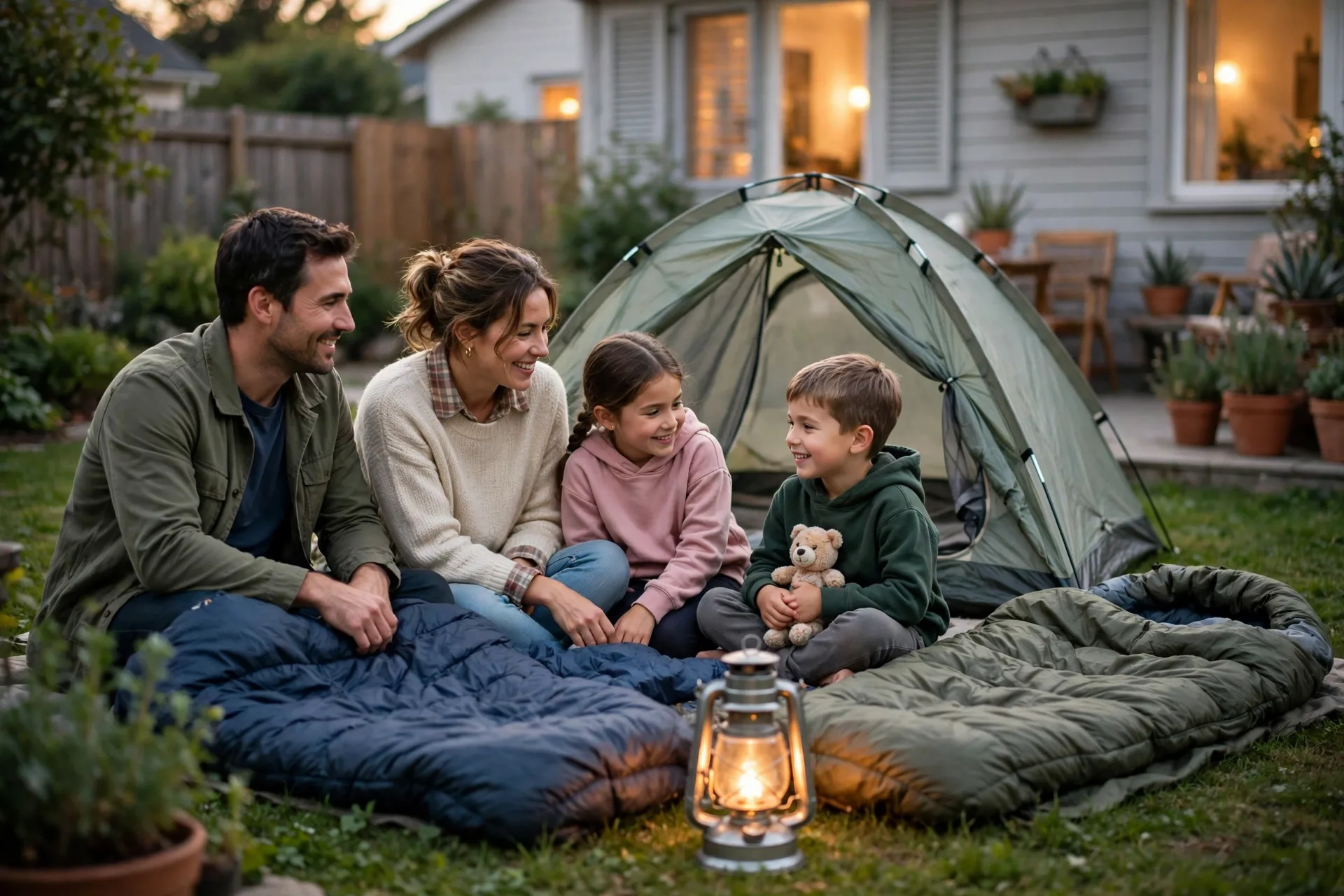 A family camping in their backyard at dusk with a small tent, lantern, and sleeping bags