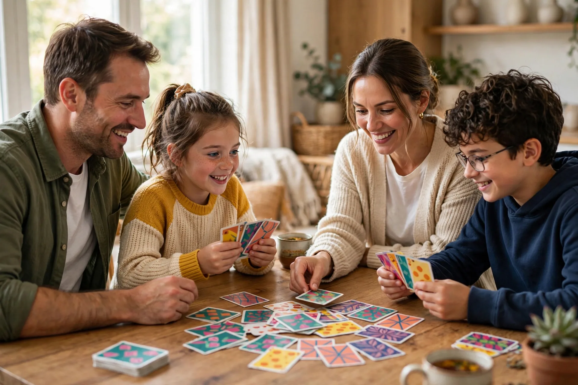 A family playing a card game together around a table with a deck of colorful cards