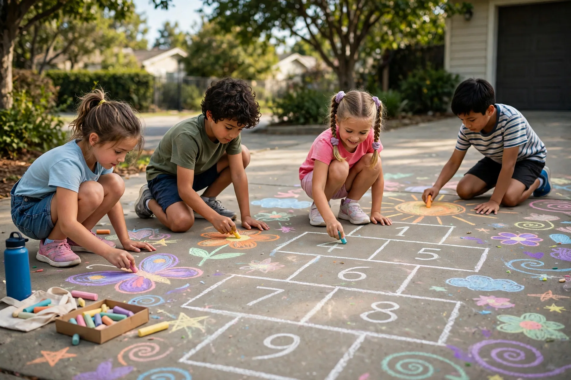 Kids drawing a giant hopscotch and colorful pictures with sidewalk chalk on a driveway