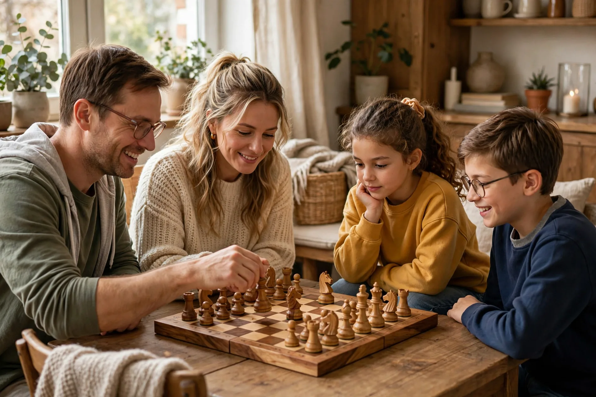 A family playing chess together at a table with a wooden board and carved pieces
