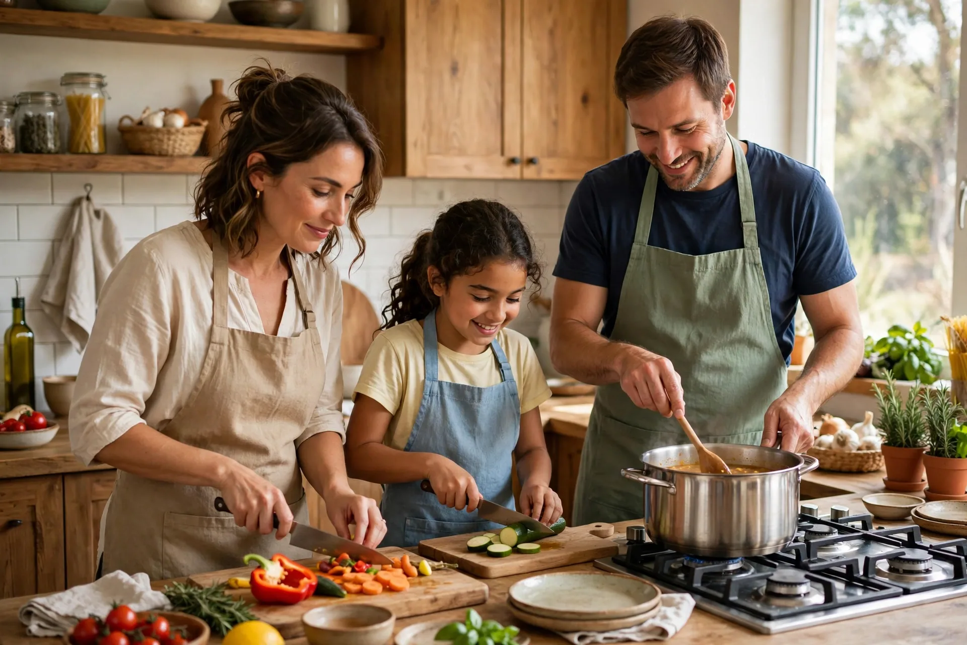 A family cooking together in the kitchen with aprons on, chopping vegetables and stirring a pot