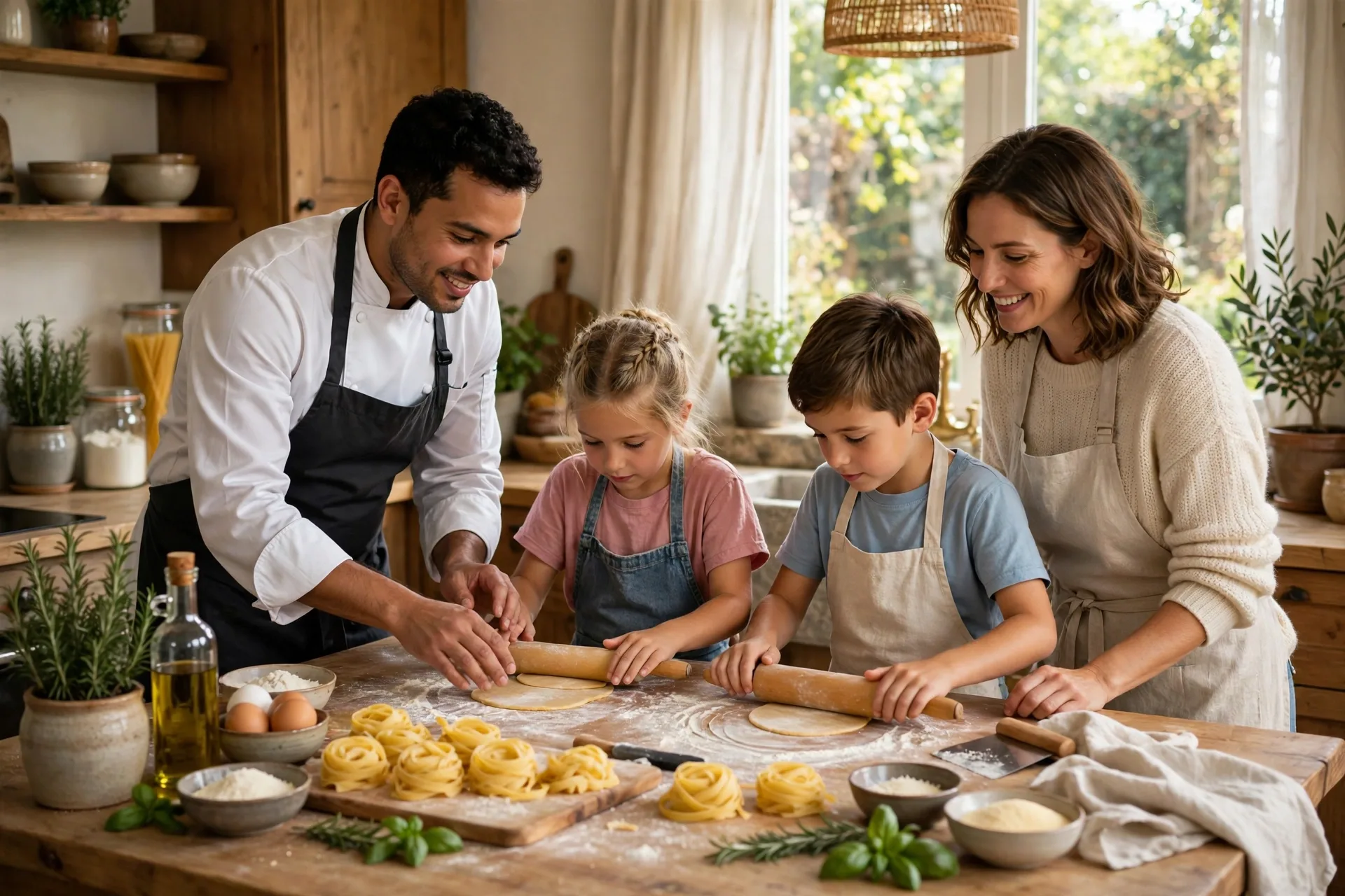 A family taking a cooking class together, a chef showing kids how to roll pasta dough