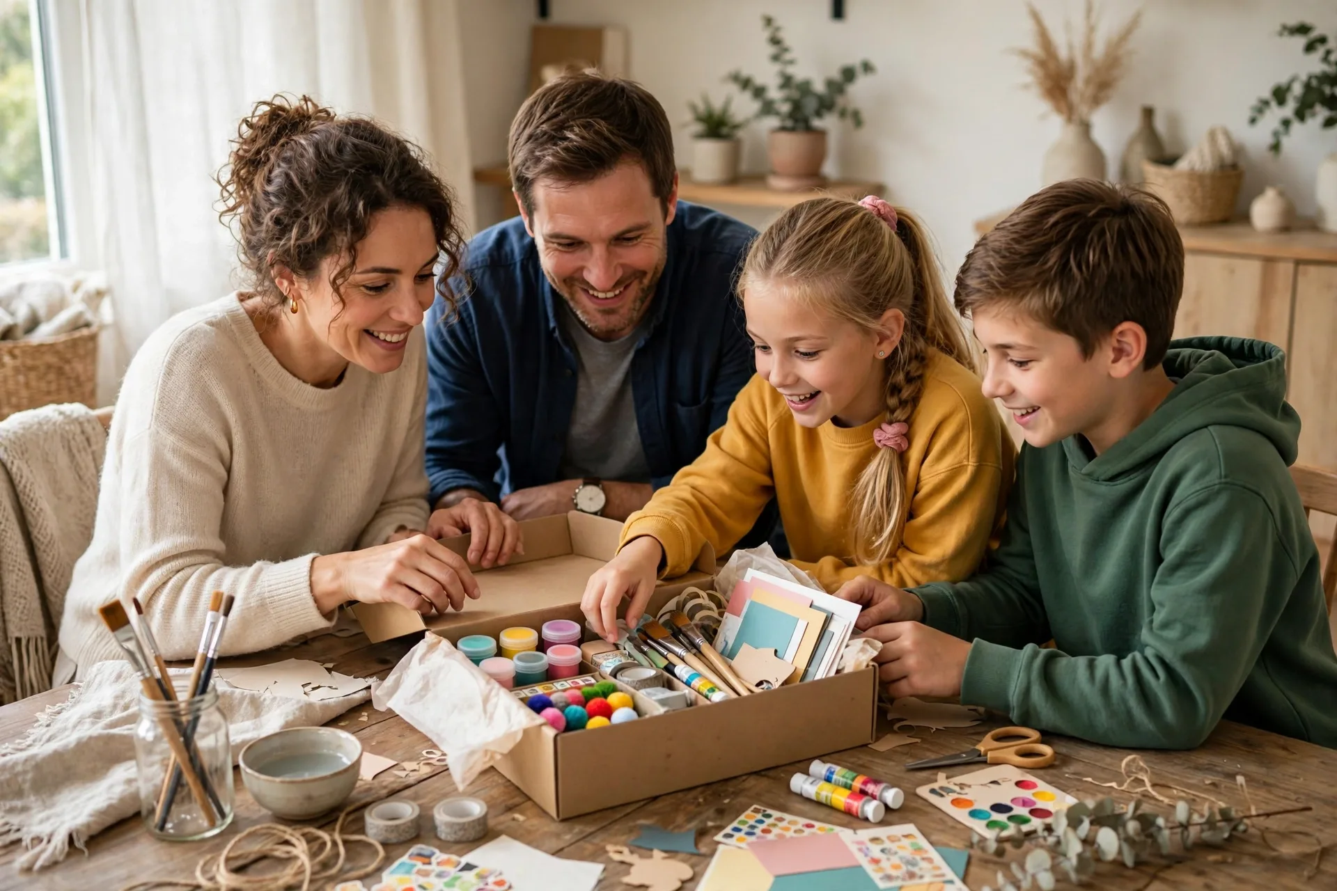 A family opening a craft subscription box together at the table with paints and supplies inside