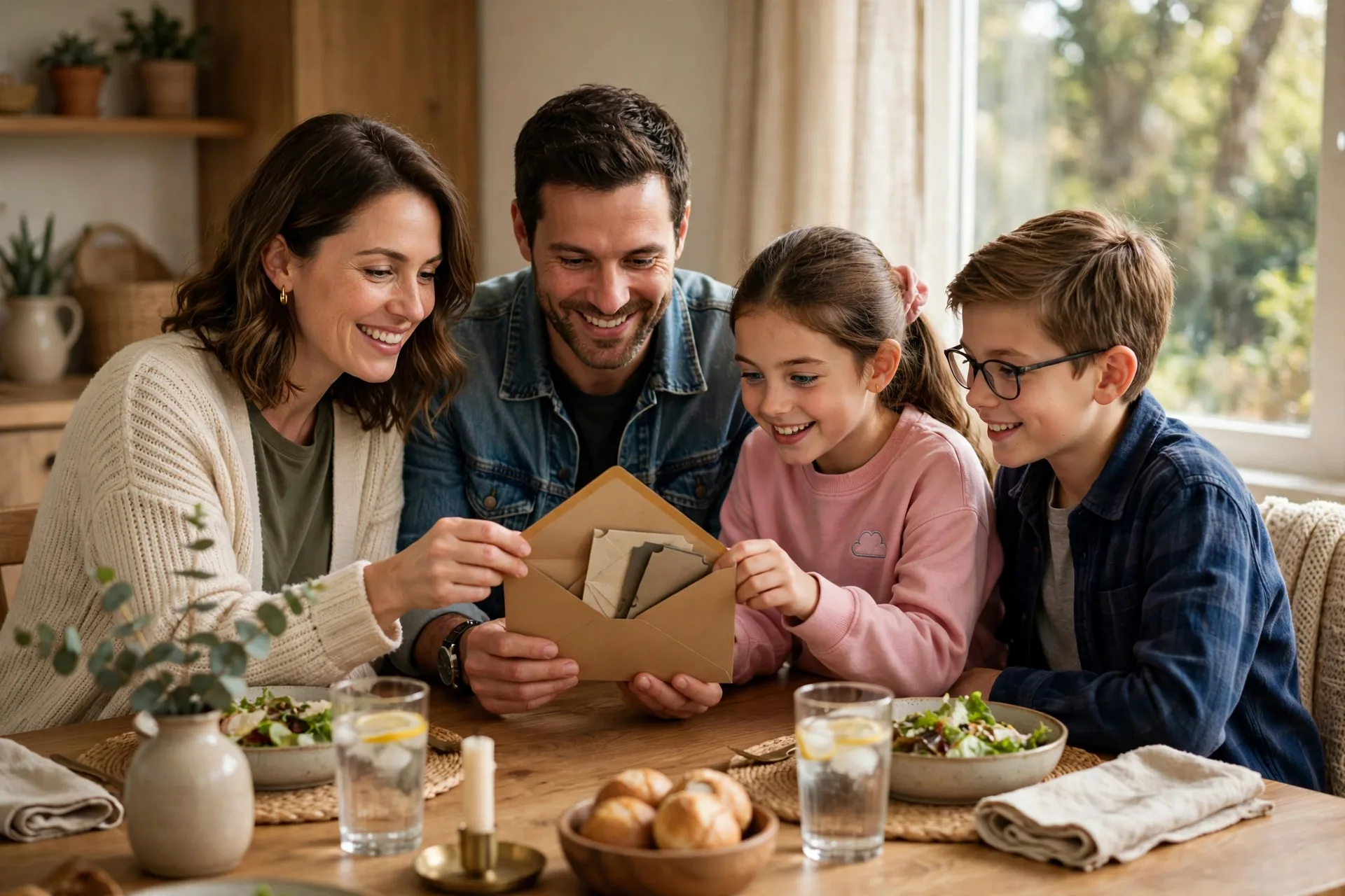A family opening a date night envelope together at the dinner table with tickets and a plan inside