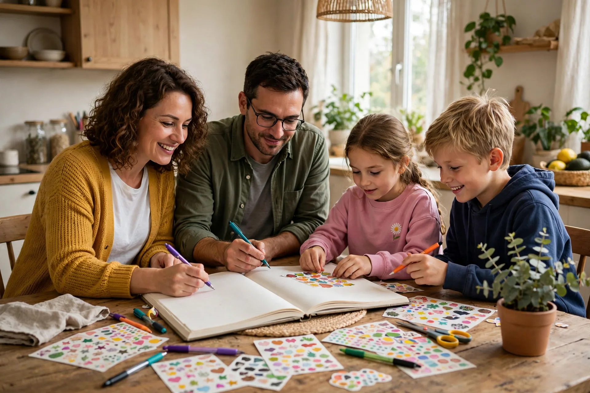 A family writing together in a big shared journal at the kitchen table with pens and stickers