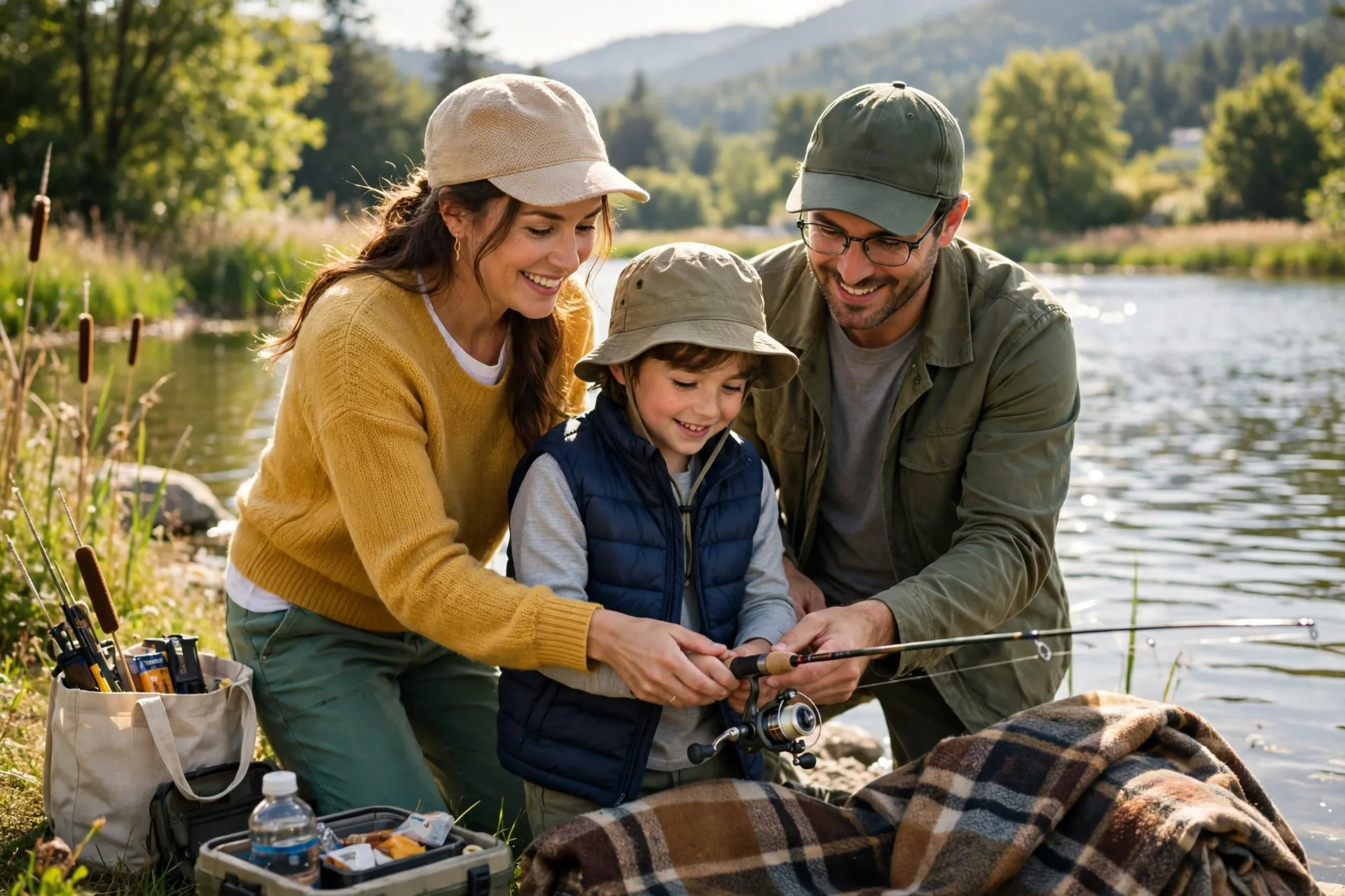 A family fishing together at a lake, a child holding a small rod with a parent helping