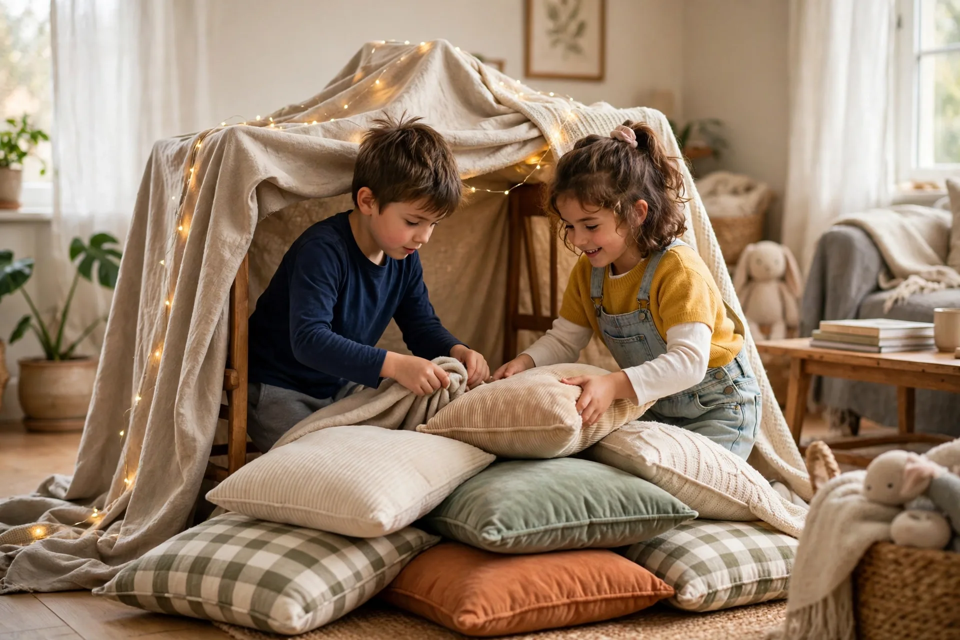 Two kids building a blanket fort in the living room with cushions, chairs, and fairy lights
