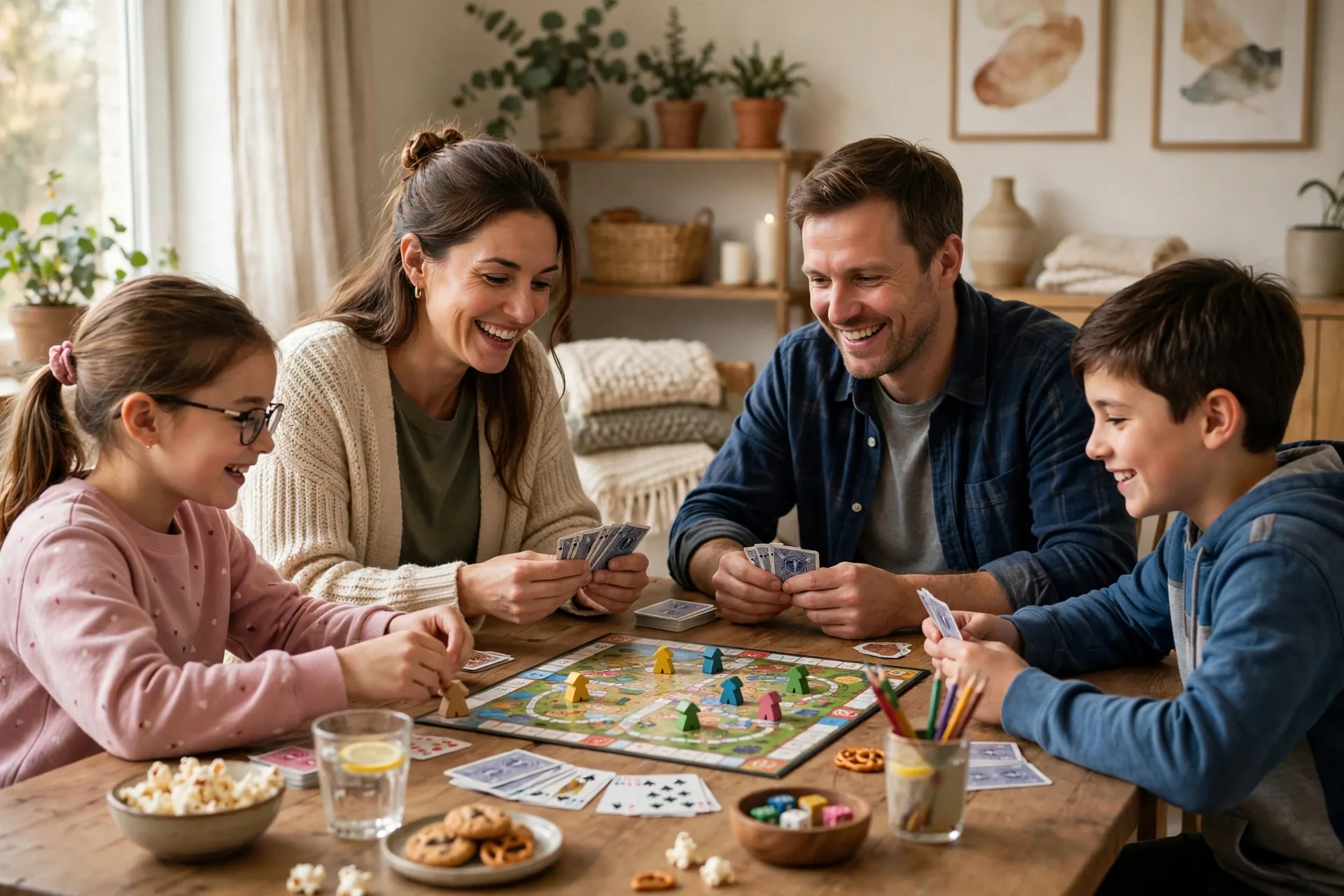 A family playing a board game and card game together around a wooden table at game night