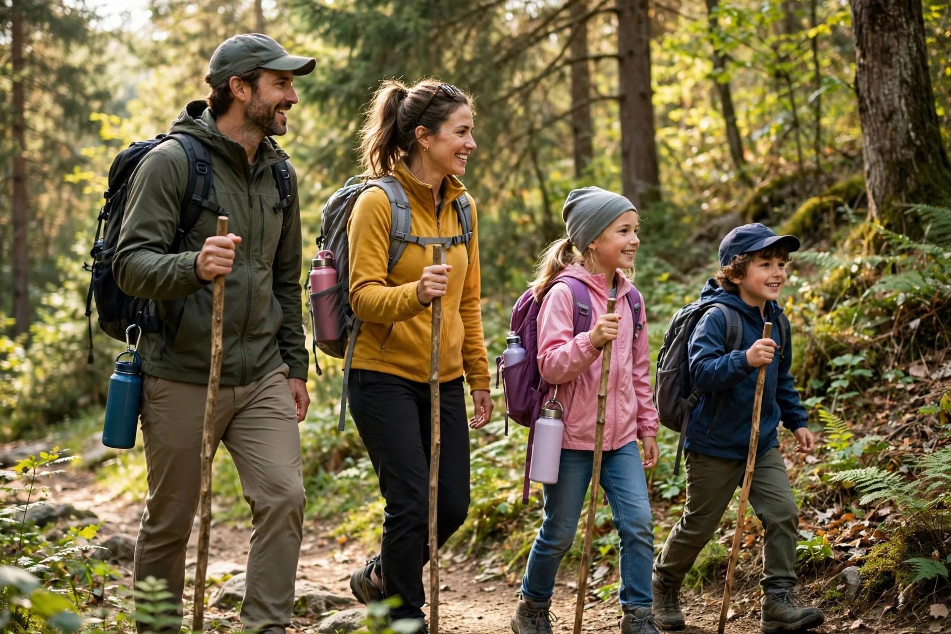 A family hiking together on a forest trail with backpacks, water bottles, and walking sticks