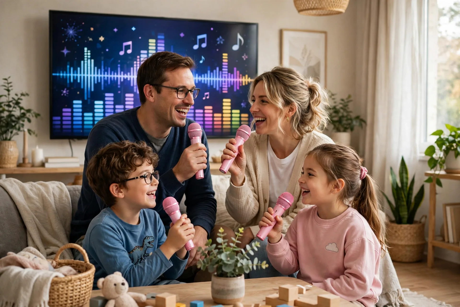 A family singing karaoke in the living room with a toy microphone and song lyrics on a screen