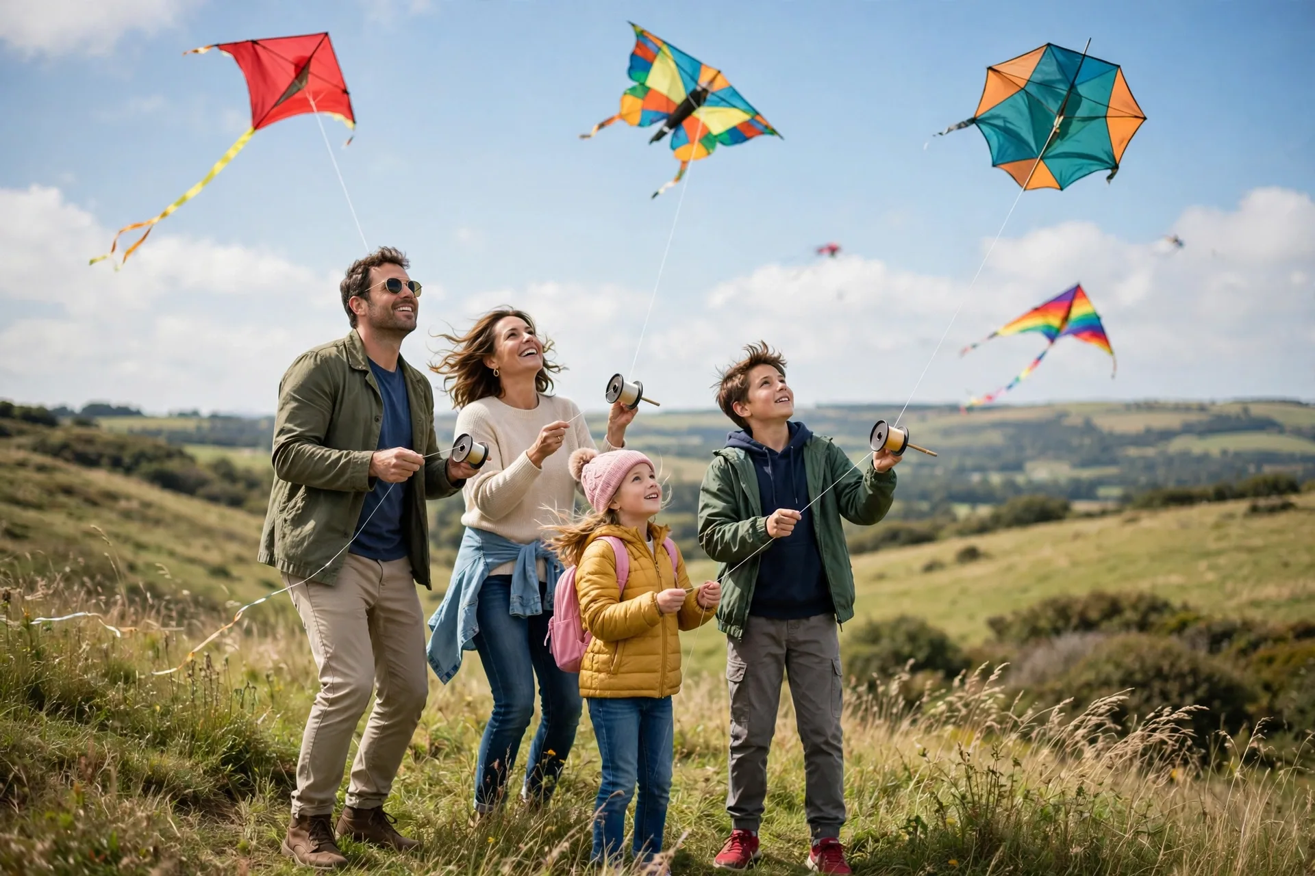 A family flying colorful kites together on a windy hill with the kites soaring in the sky