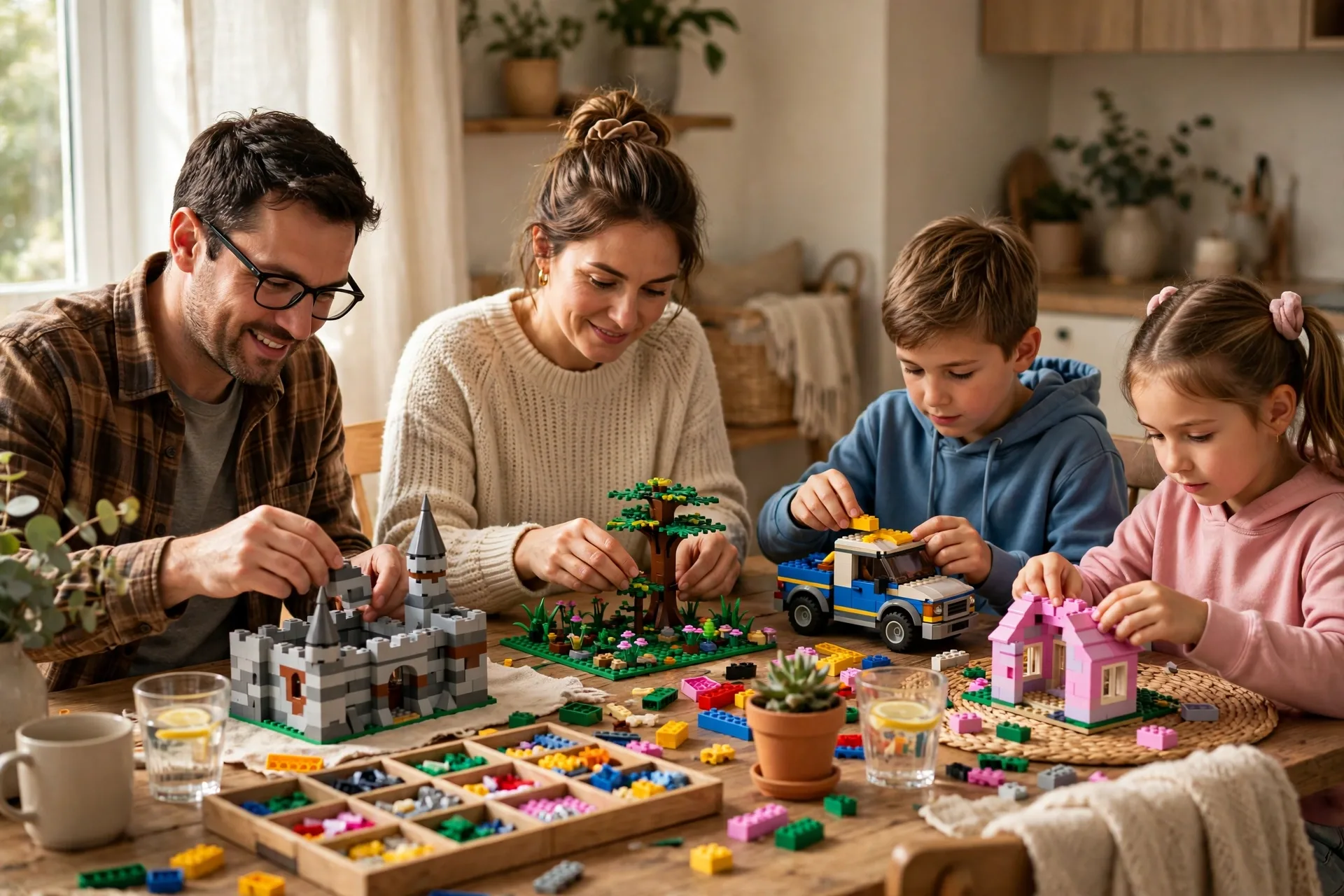 A family building a LEGO set together at a table, each person working on a different section