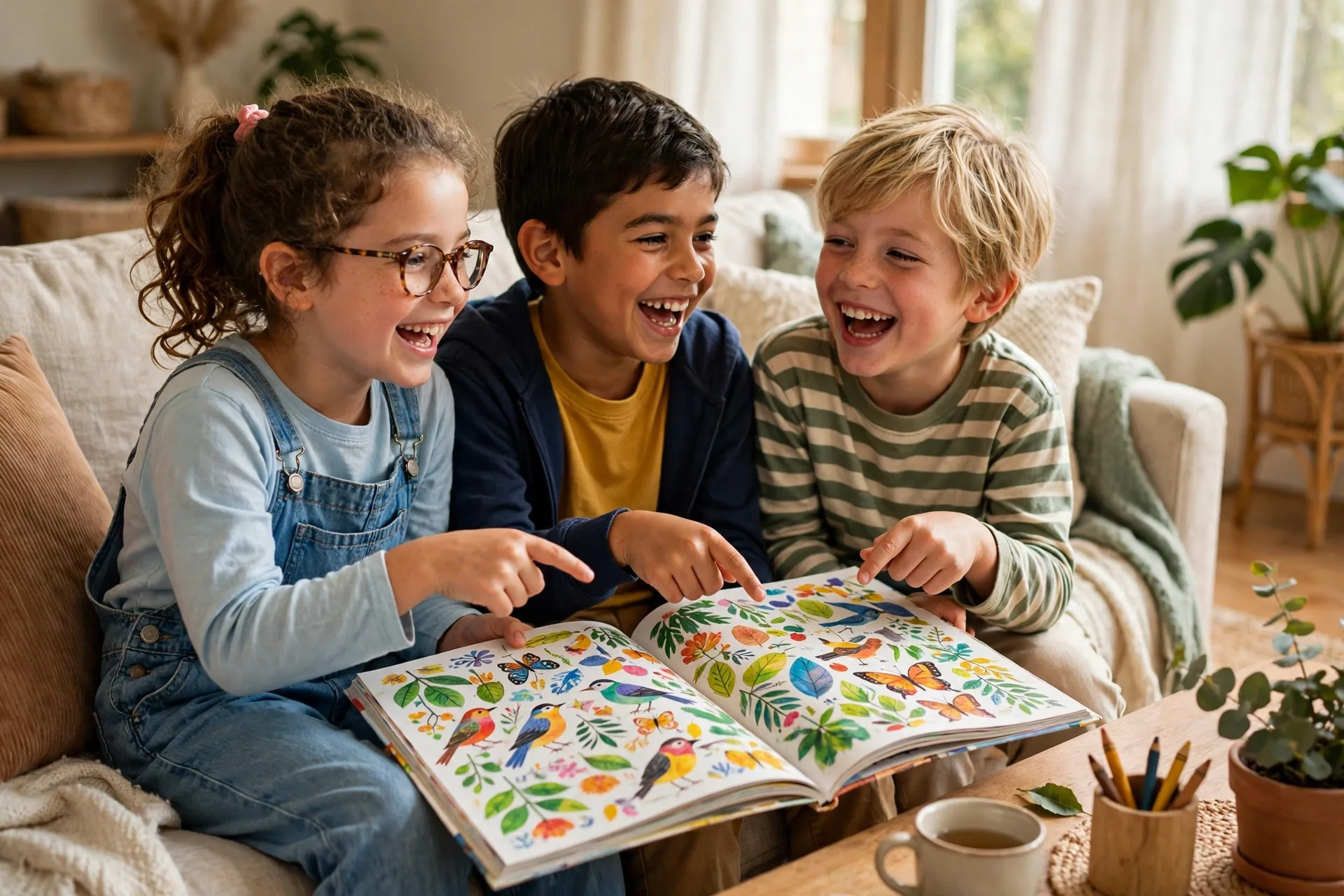 Kids reading a colorful magazine together on the couch, pointing at pictures and laughing