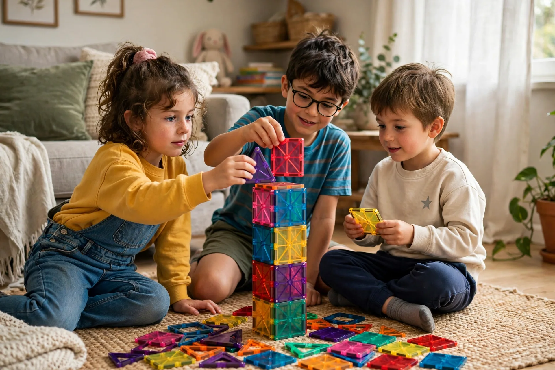 Kids building a tall tower with colorful magnetic tiles on the living room floor