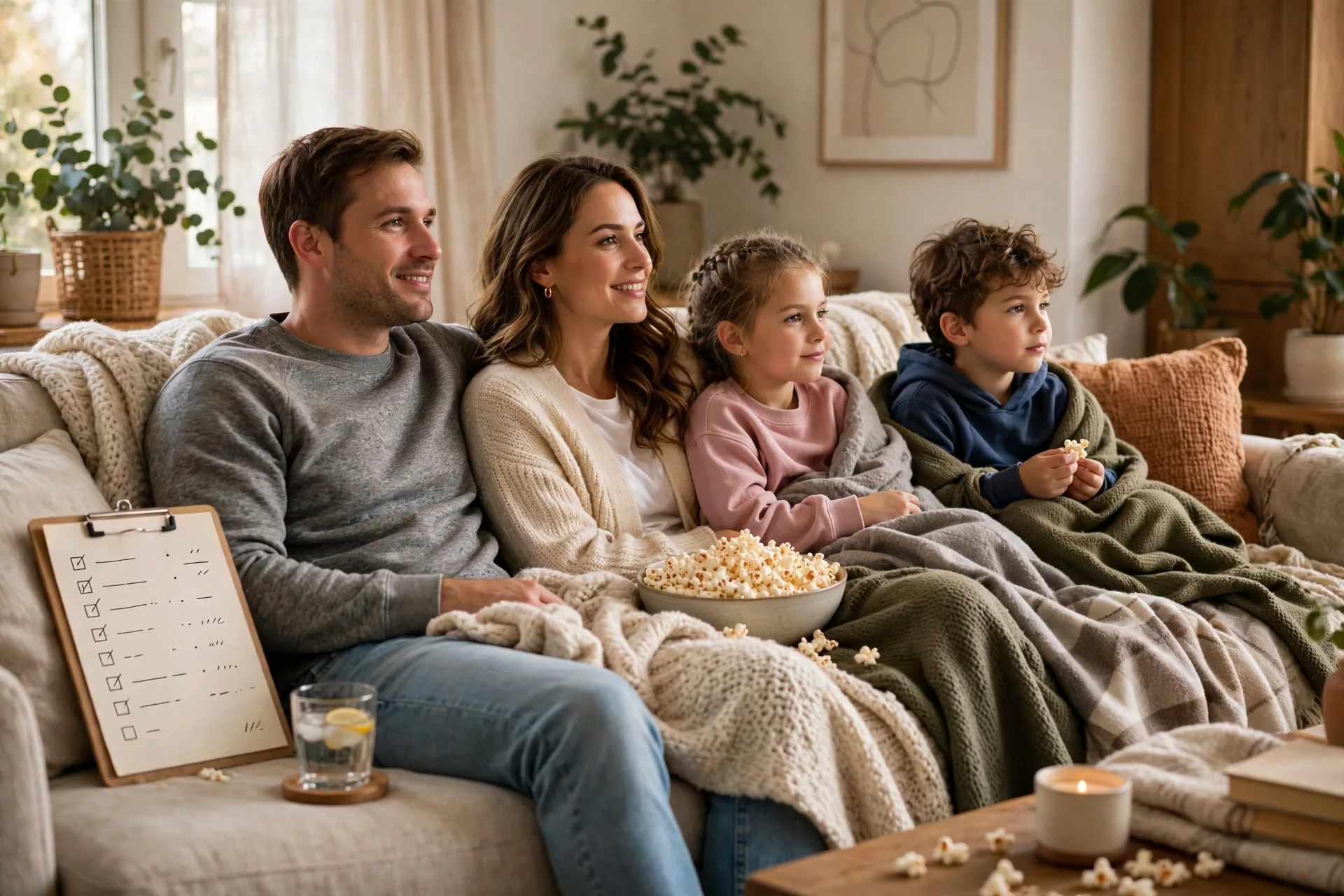 A family watching a movie marathon on the couch with popcorn, blankets, and a list of films