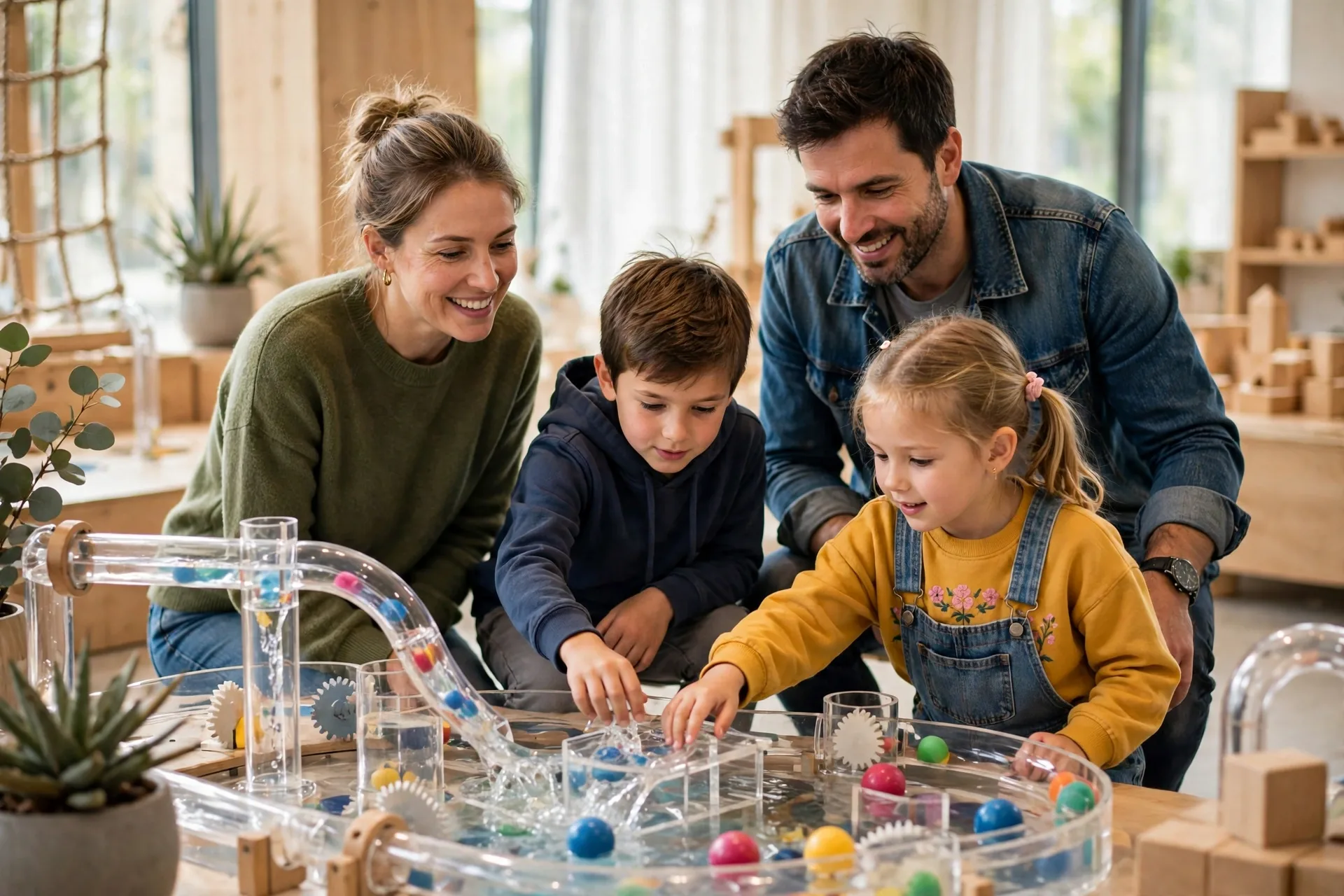 A family exploring a children's museum together, kids touching an interactive science exhibit
