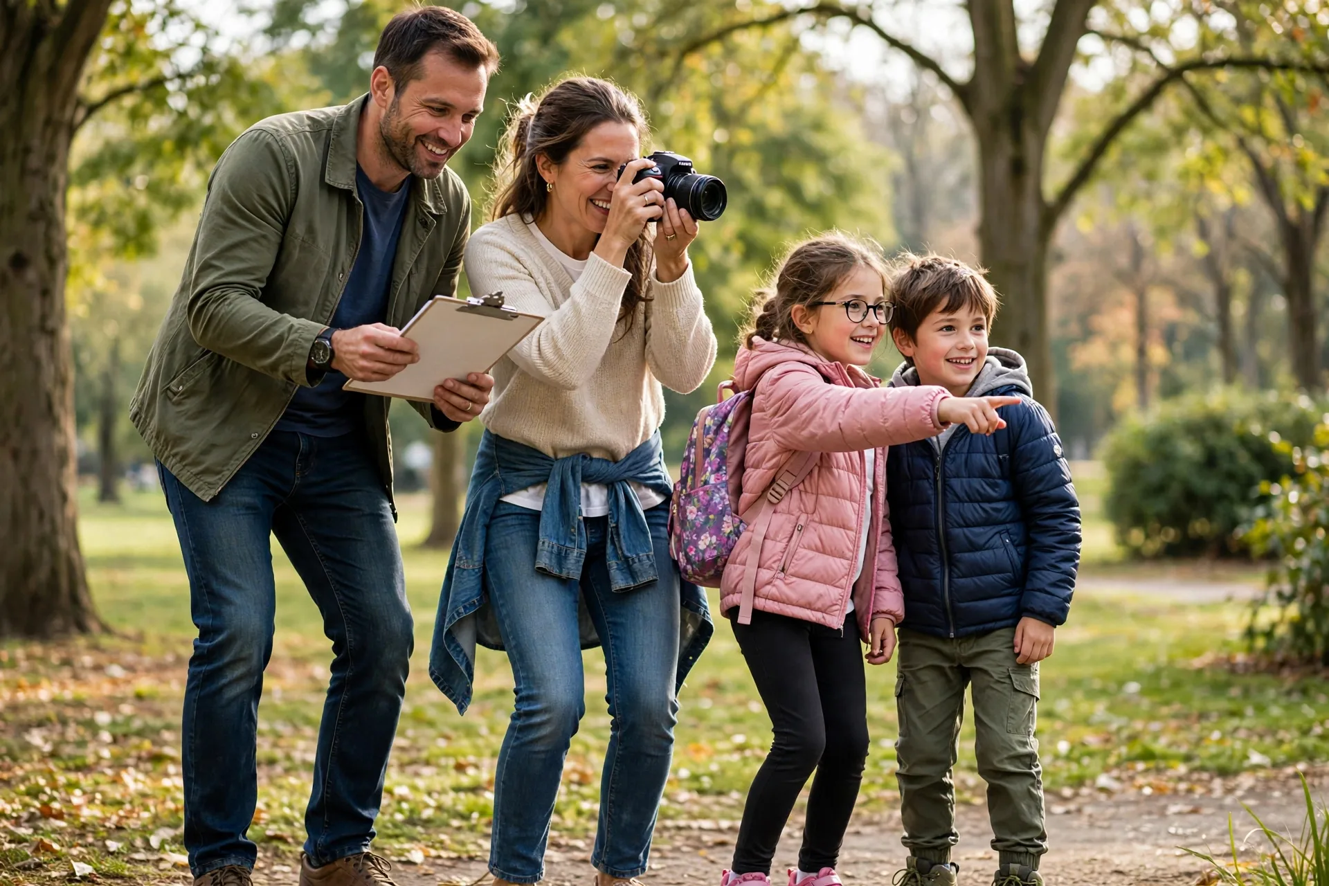 A family on a photo scavenger hunt in a park, holding a list and taking pictures with a camera