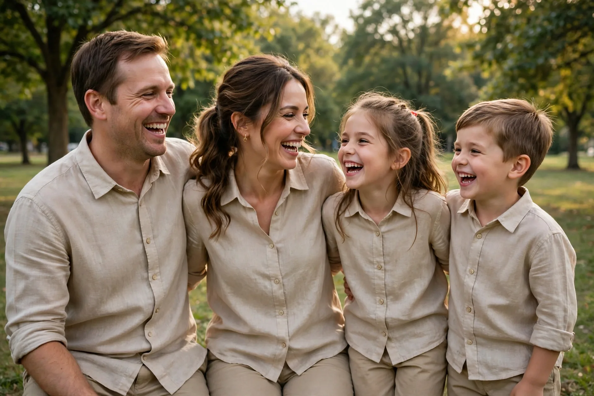 A family posing for a professional photo session in a park, laughing together in matching outfits
