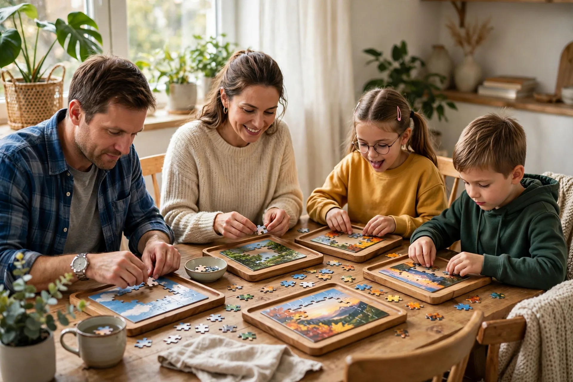 A family racing to finish jigsaw puzzles at a table, each person working on their own small puzzle
