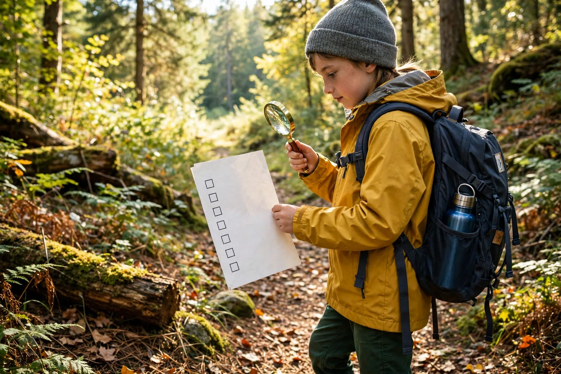 A child wearing a backpack on a scavenger hunt in the woods, holding a list and a magnifying glass