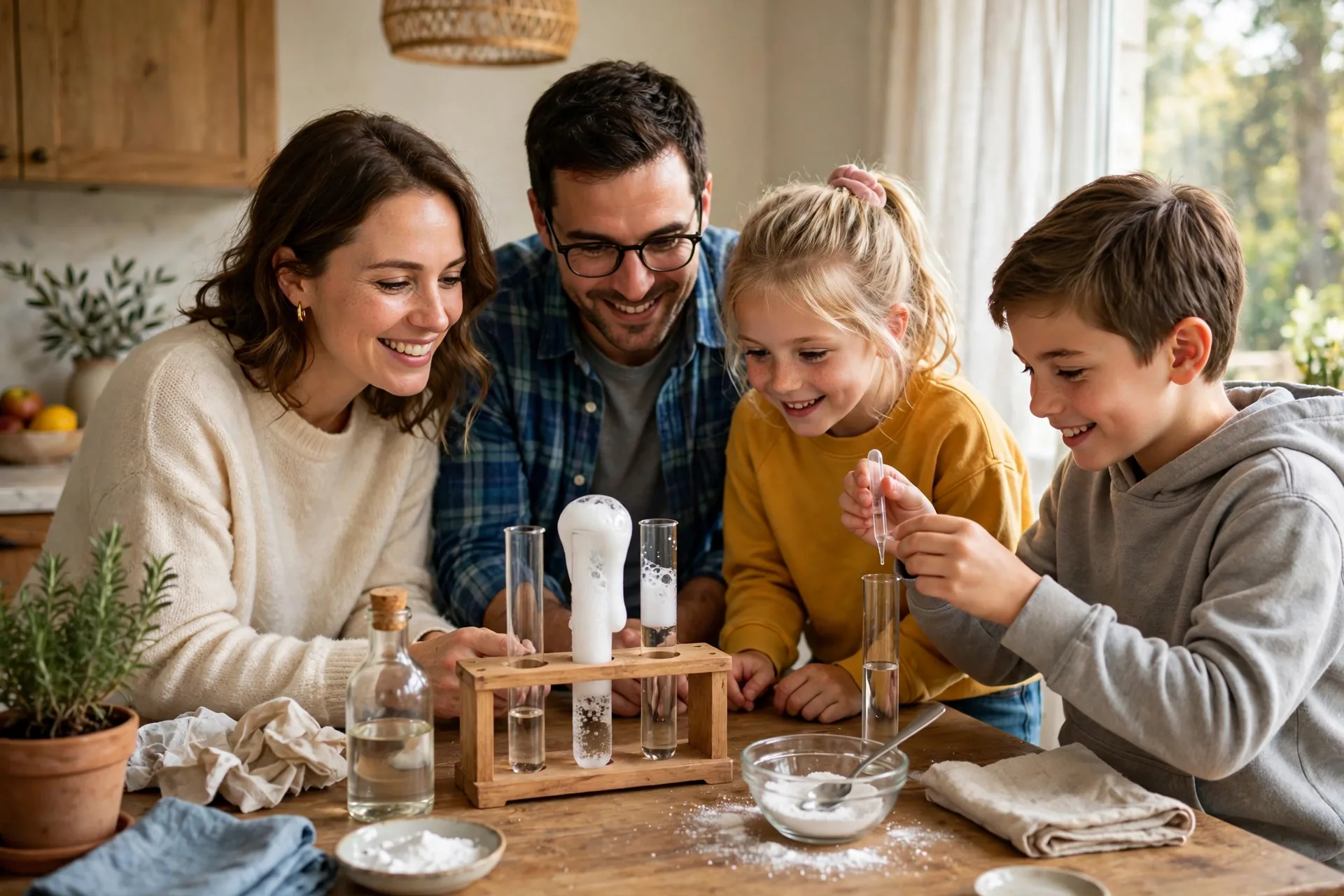 A family doing a simple science experiment at the kitchen table with baking soda, vinegar, and test tubes