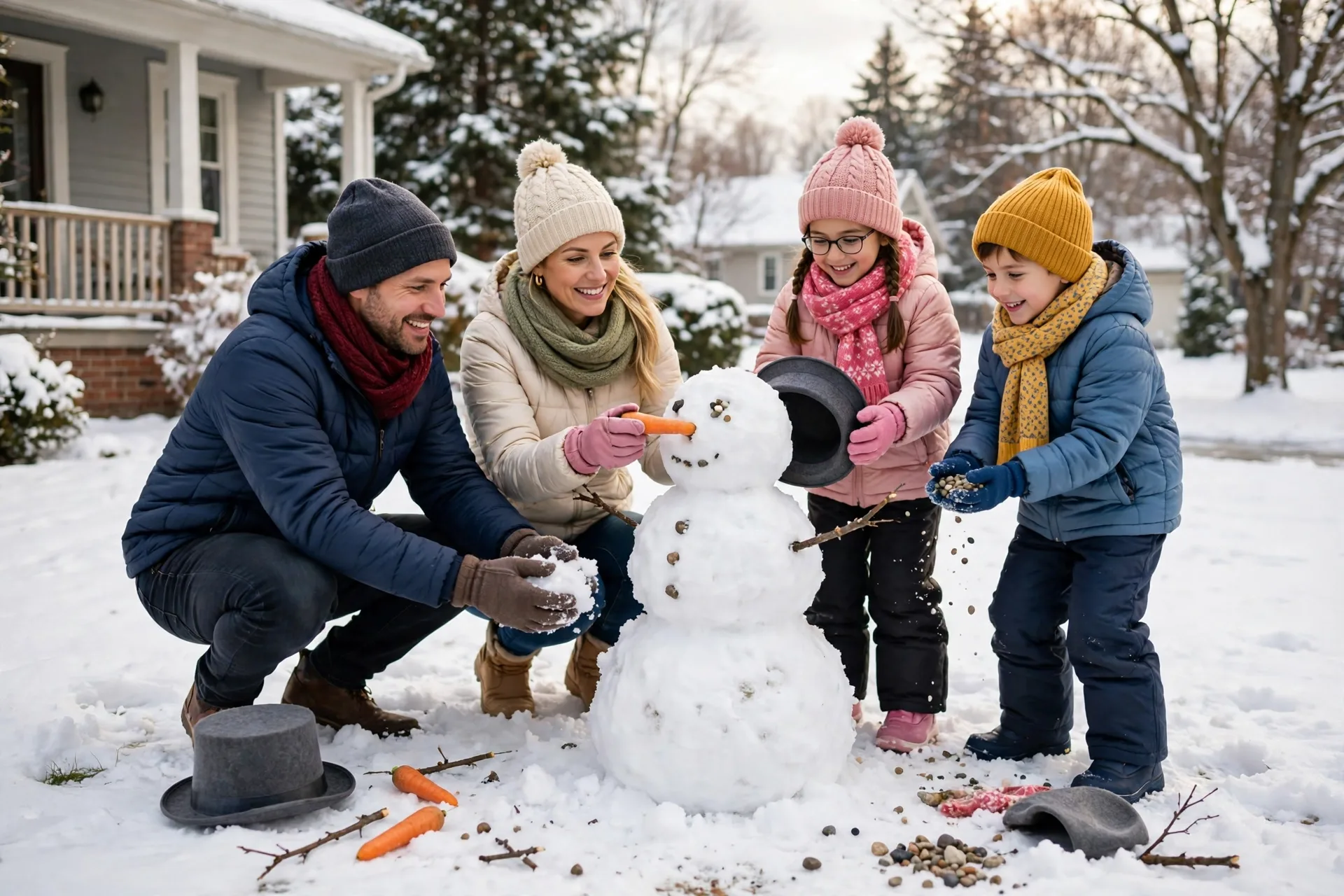 A family building a snowman in the front yard with scarves, carrots, and hats on a snowy day