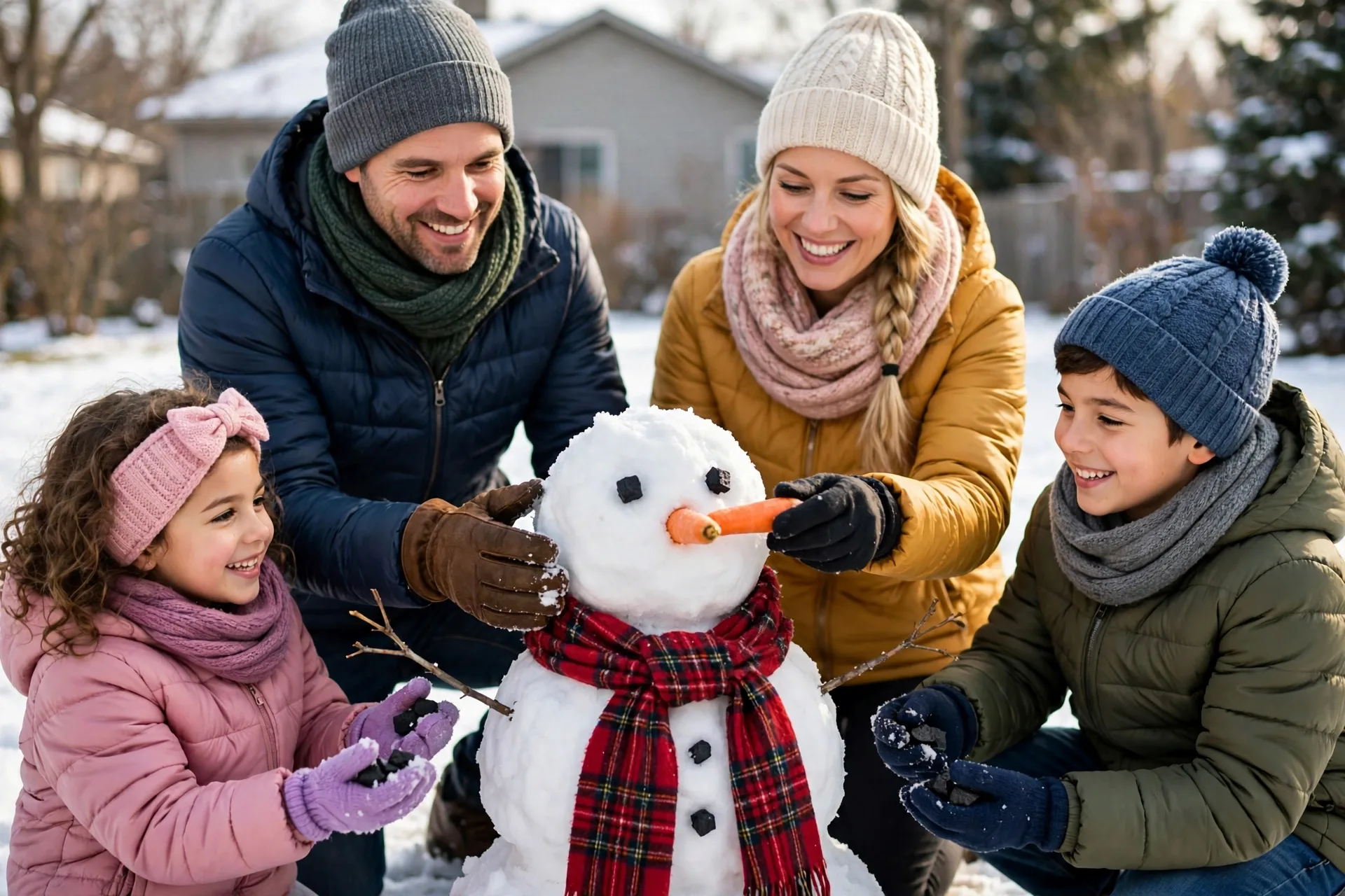 A family building a snowman together with a carrot nose, coal eyes, and a scarf on a snowy lawn