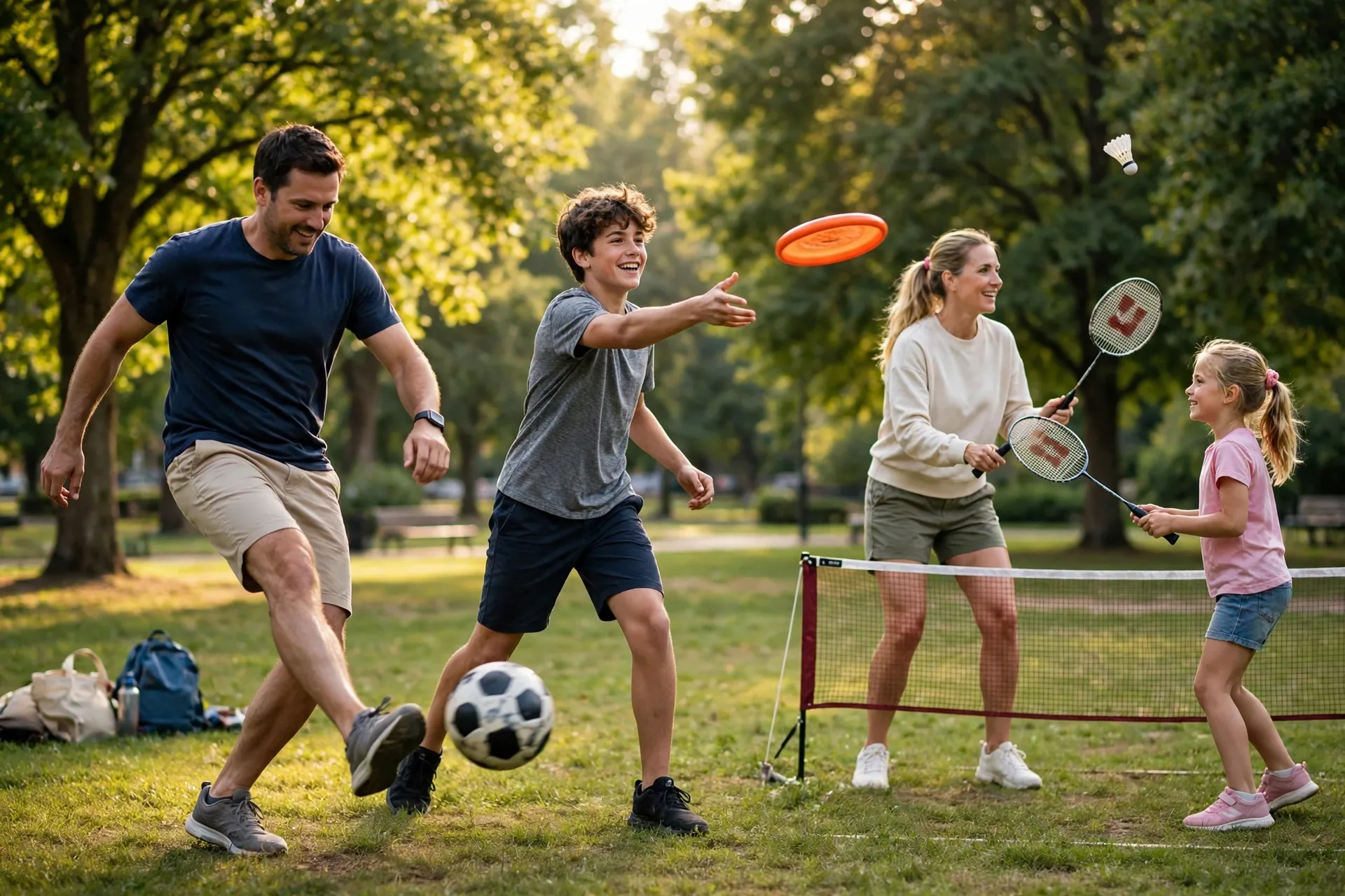A family playing different sports in the park with a soccer ball, a frisbee, and a badminton set