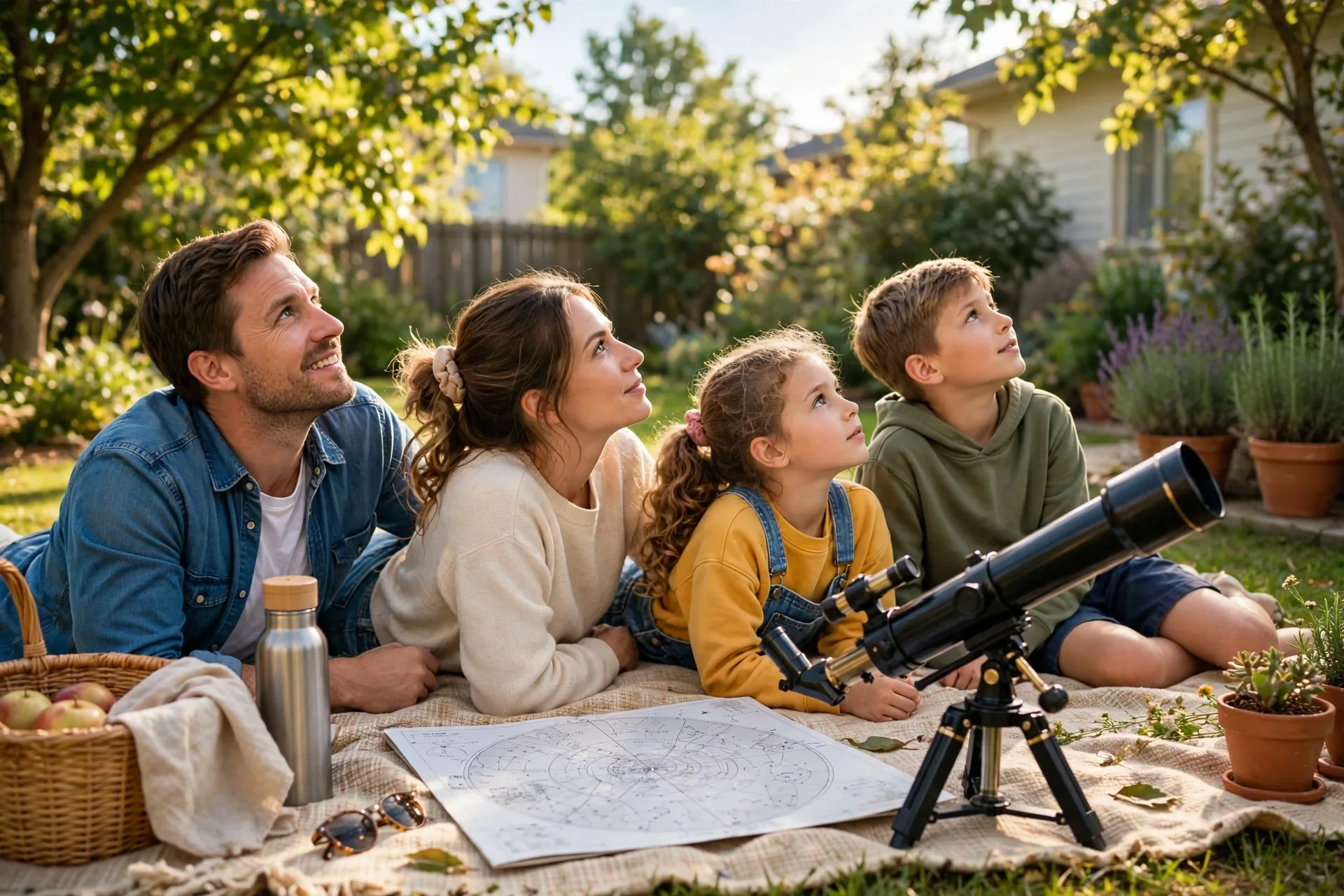 A family lying on a blanket in the backyard looking up at the stars with a telescope and a star chart