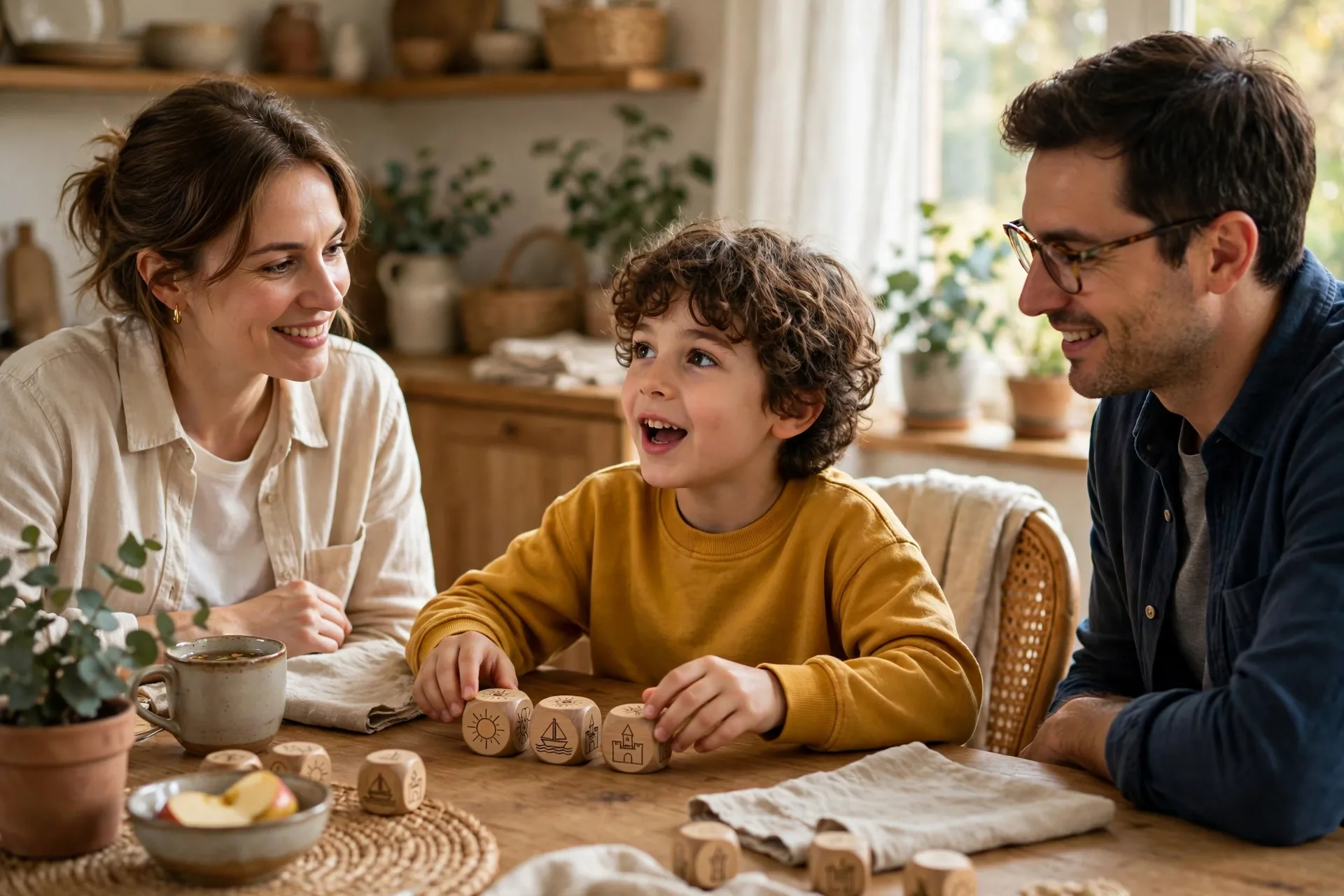 A child rolling story dice with pictures on them and telling a story to the family at the table