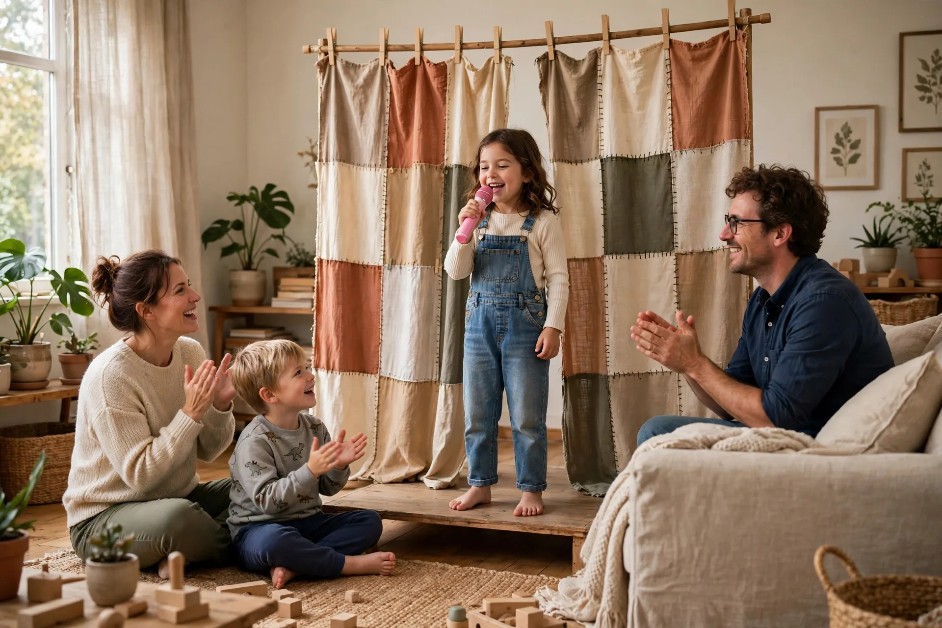 A family performing a talent show in the living room with a homemade stage curtain and a toy microphone