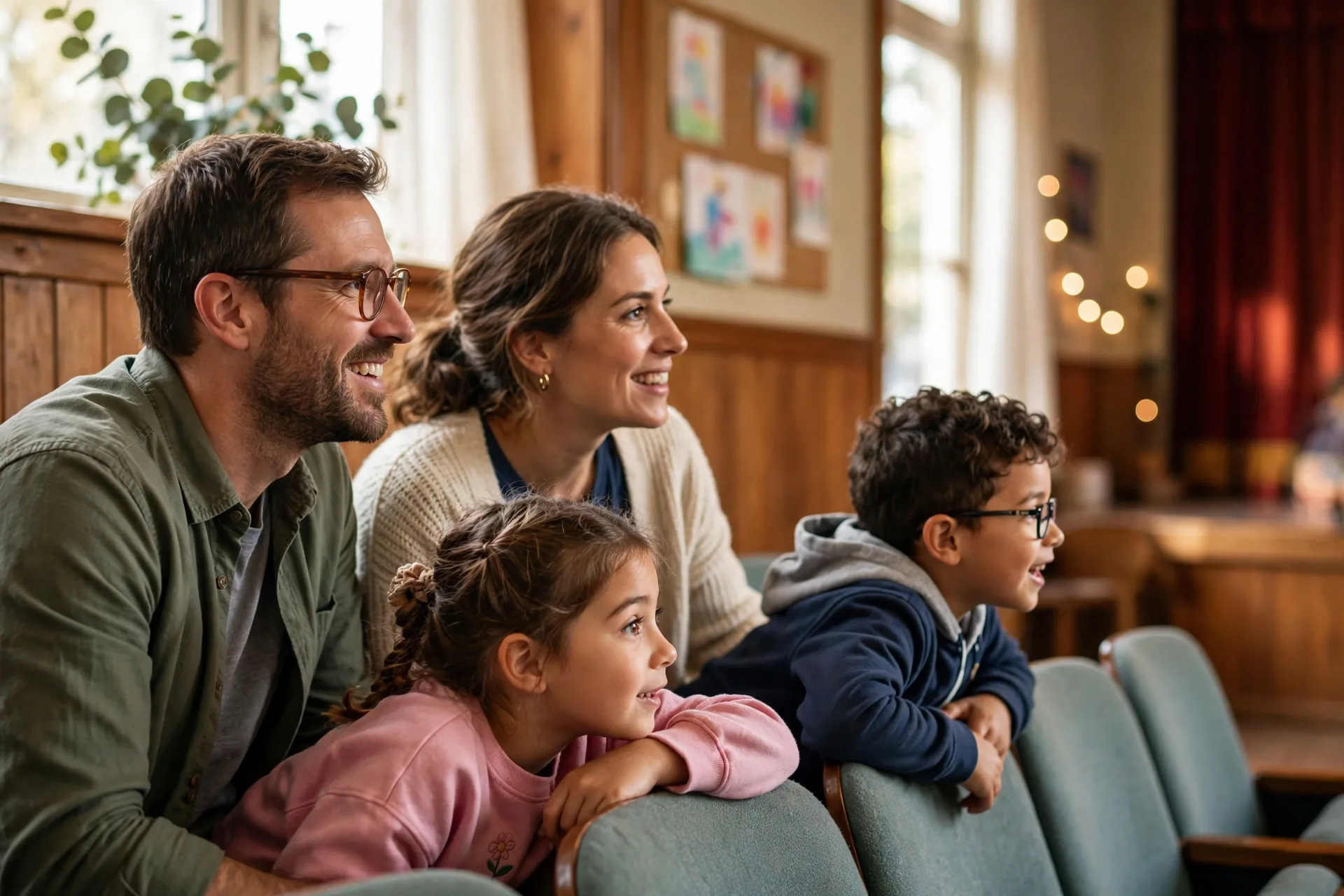 A family watching a children's theater performance together, kids leaning forward in their seats
