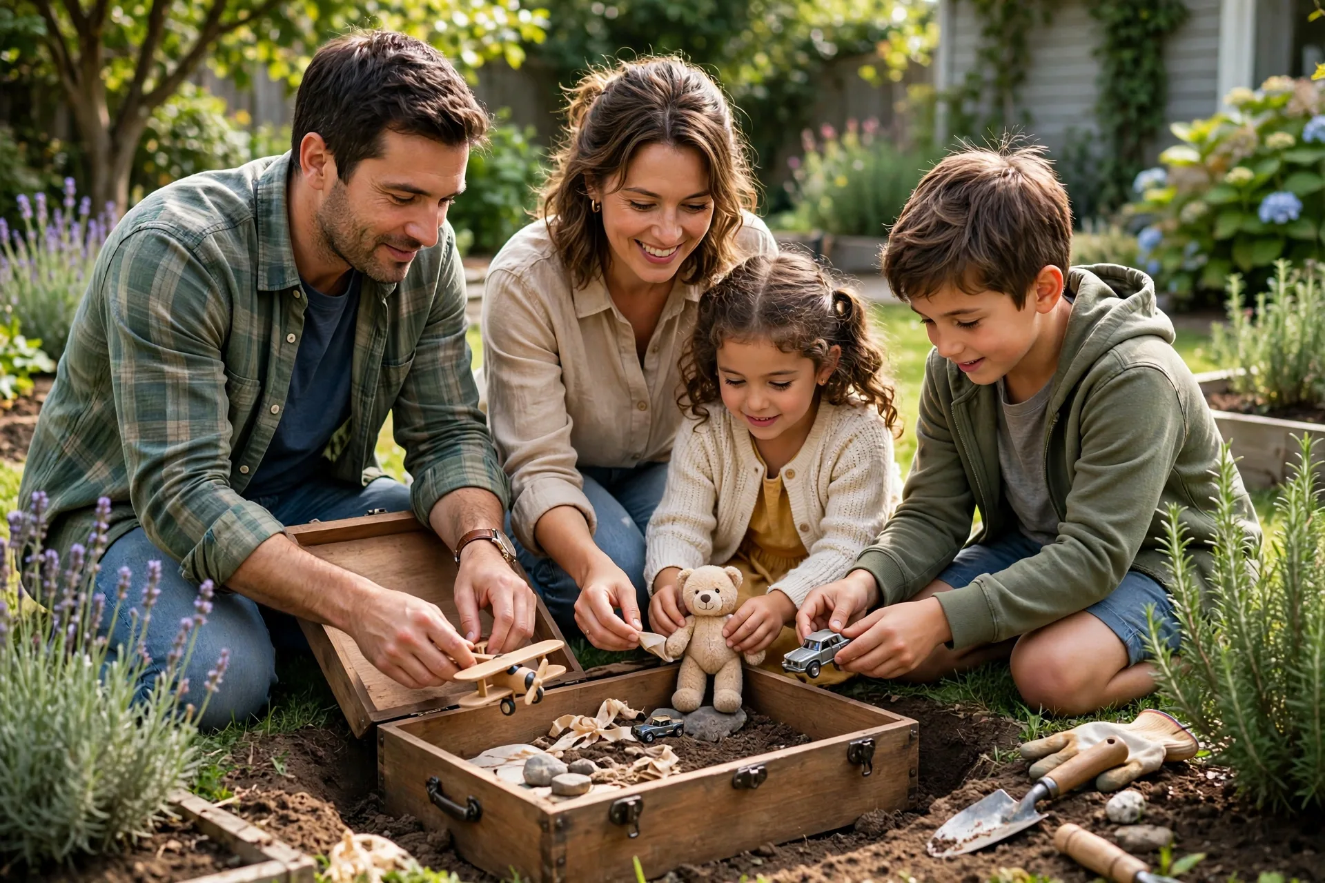 A family burying a time capsule in the garden together, placing letters and small toys inside a box