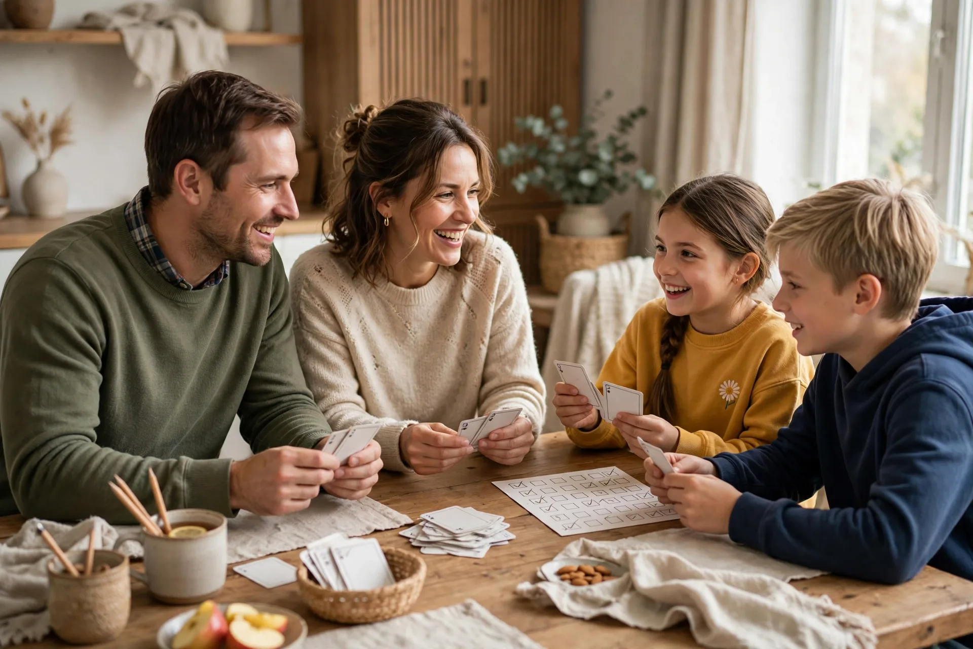 A family playing trivia together at the dinner table with question cards and a scorecard