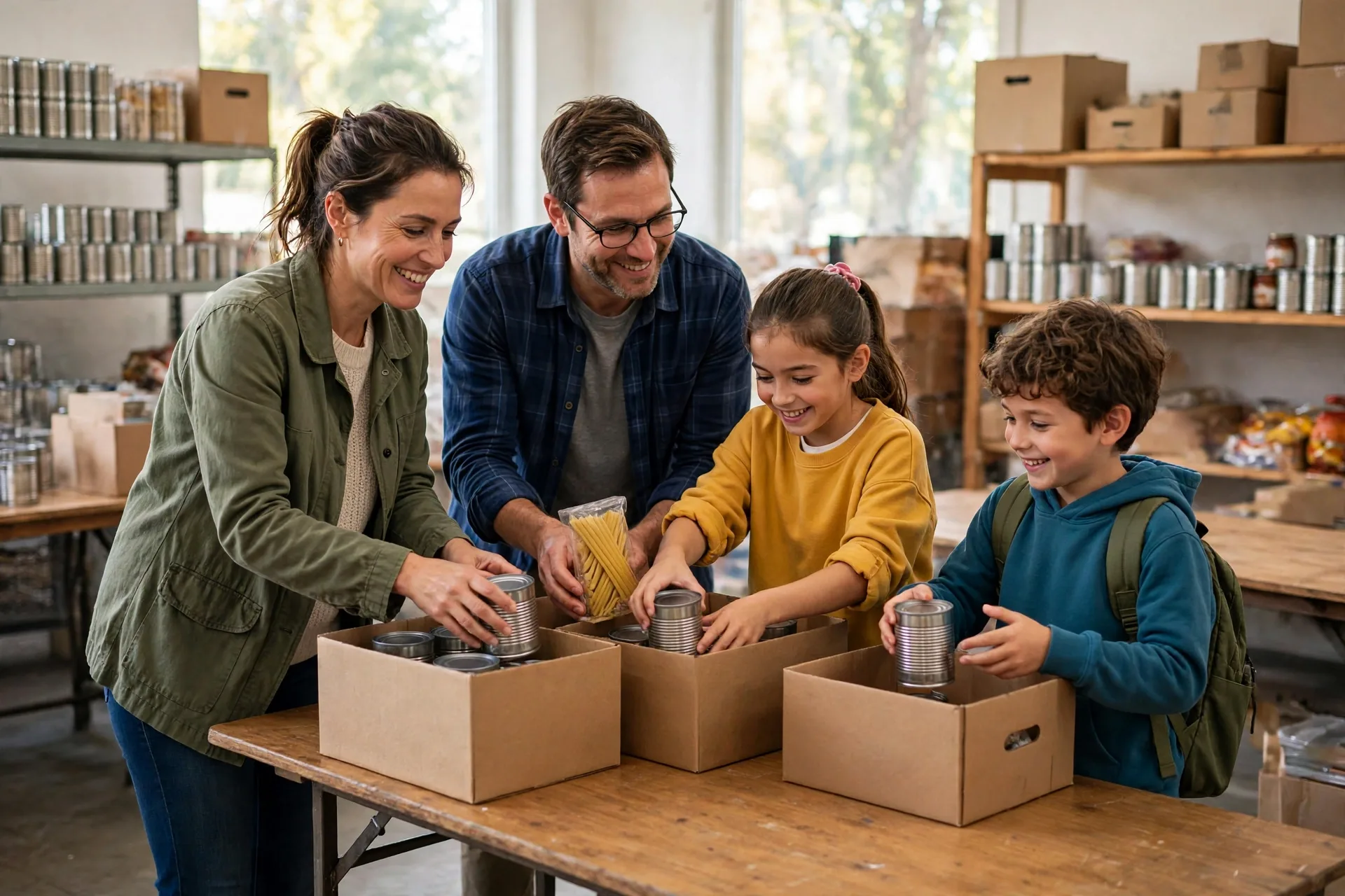 A family volunteering together at a food bank, sorting donations into boxes with smiles