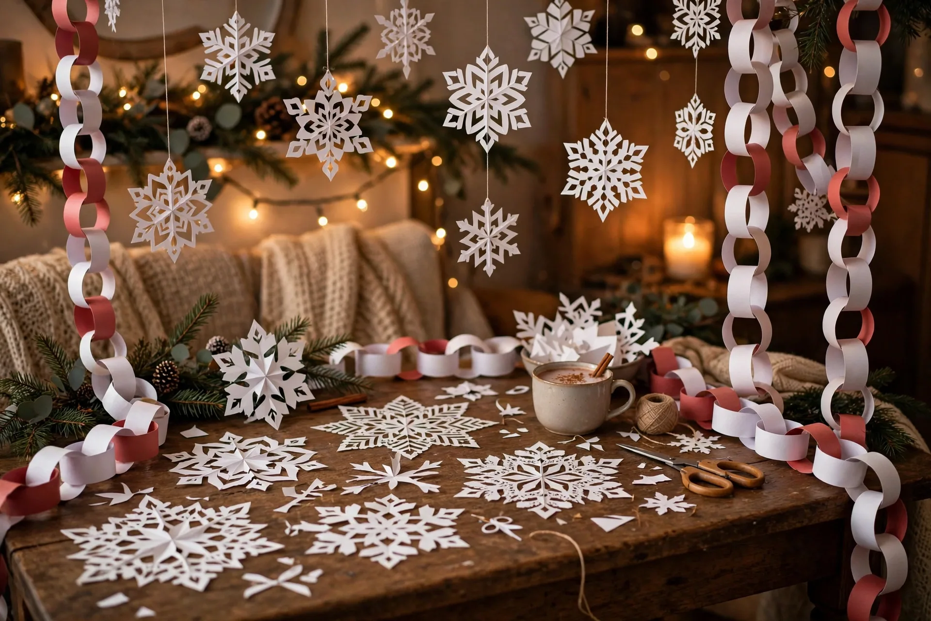 Paper snowflakes and chains