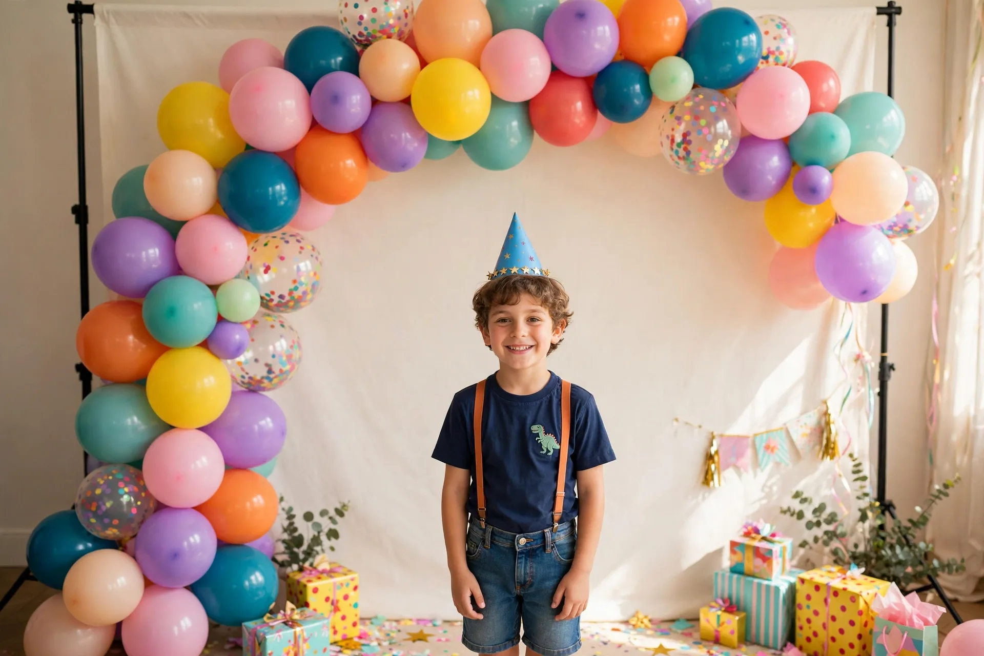 A colorful balloon arch photo corner with a child posing beneath it