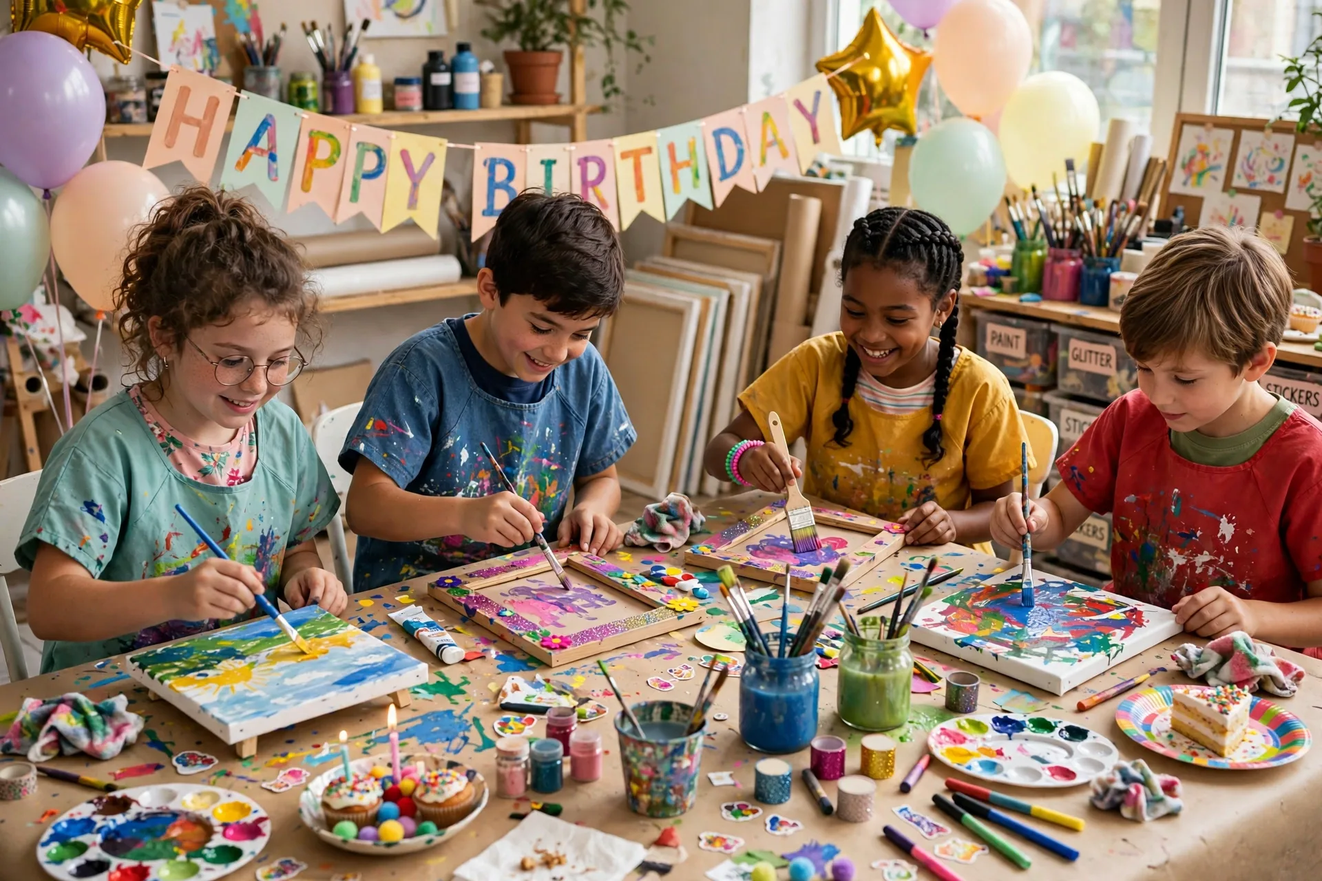 Kids in smocks painting canvases at an art studio party table