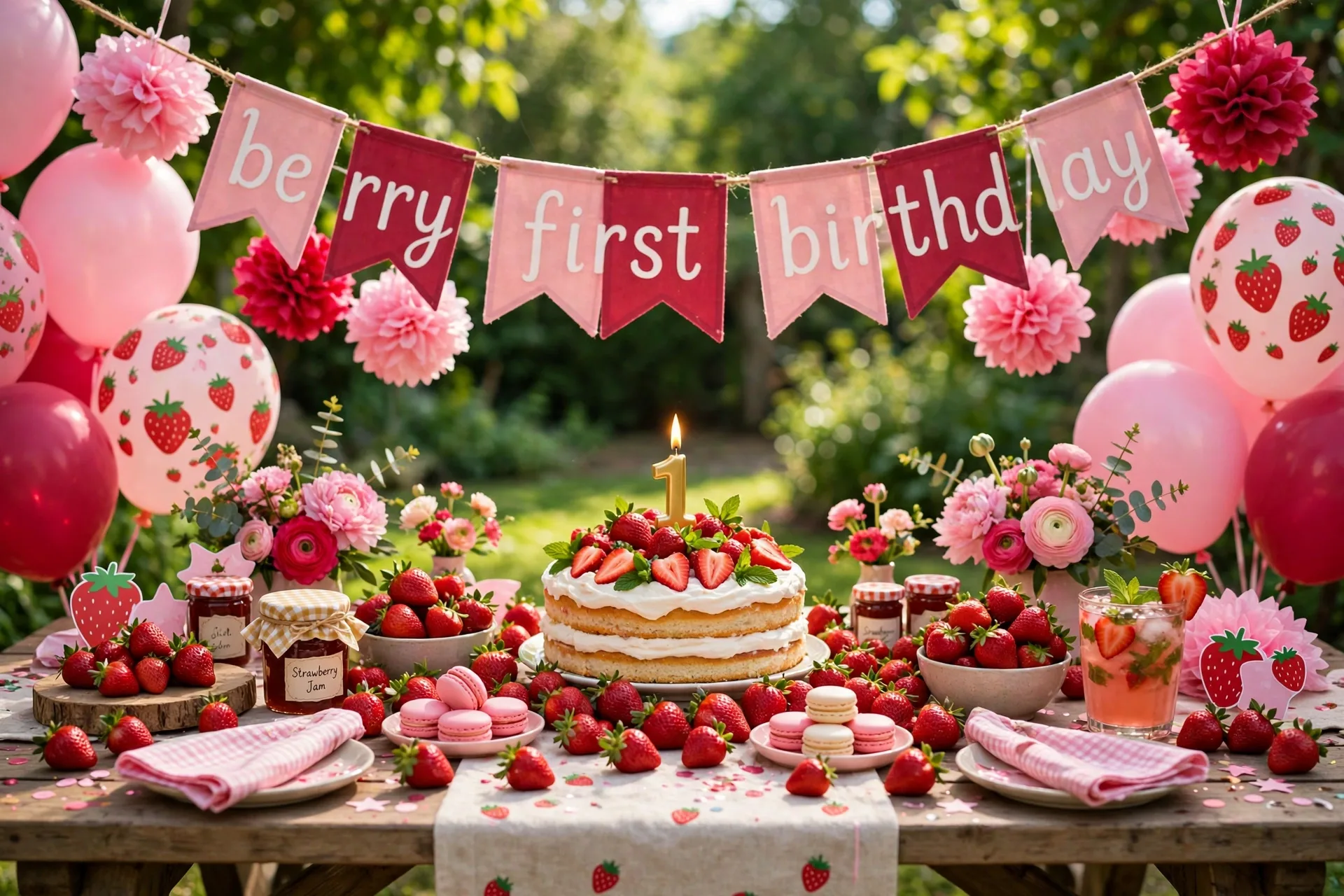 A berry sweet first birthday table with strawberries and berry shortcake
