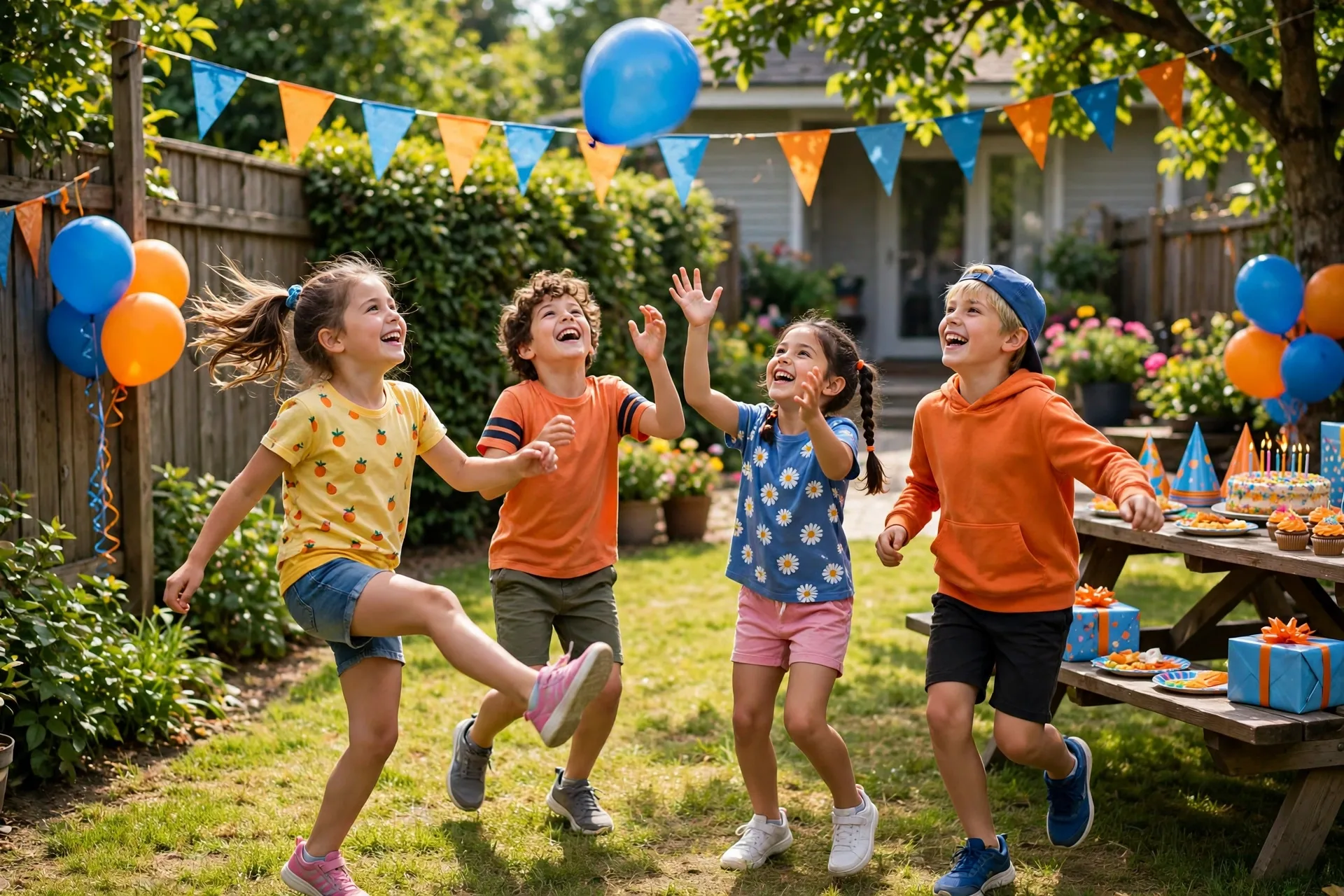 A Bluey backyard party with blue and orange balloons and a game of Keepy Uppy