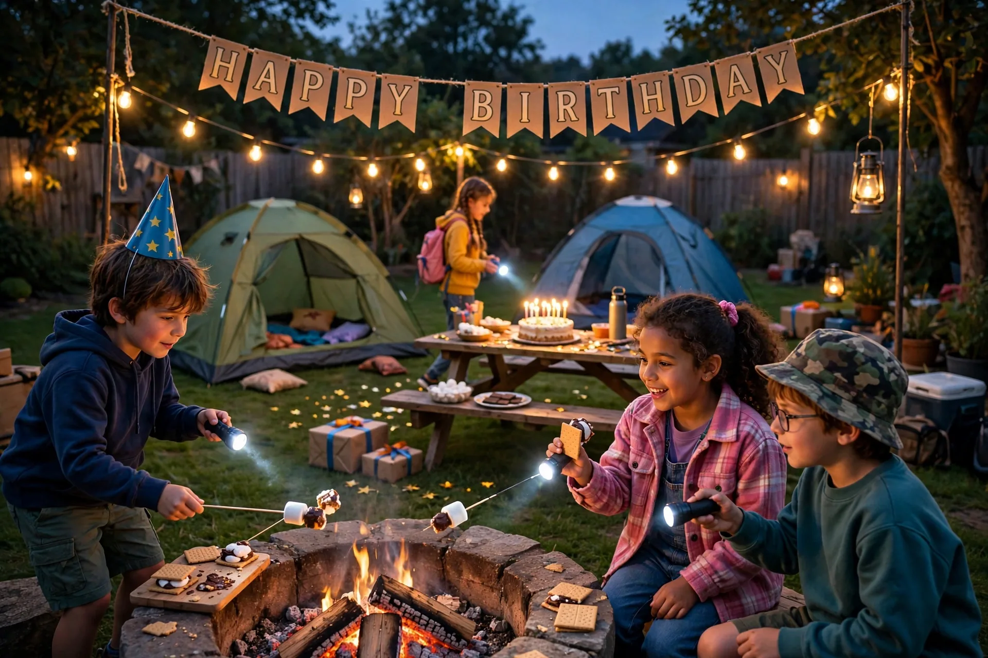 A backyard campout birthday party at dusk with tents, flashlights and a fire pit